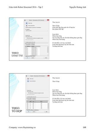 Giáo trình Robot Structural 2016 - Tập 2 Nguyễn Hoàng Anh
Company: www.Huytraining.vn 168
THEO
LOẠI TẢI
Theo loại tải
Theo tổ hợp
Chọn thiết lập tổng quát cho tổ hợp lực
Quy phạm thiết lập
Loại nhóm
Nhóm theo tầng
Tạo các tầng nếu các cấu kiện không được gán tầng
Nhóm theo hình dạng
Có tính đến vị trí trục của thanh
Luôn hiện hộp thoại này khi tính toán
Tự động tính toán
THEO
TỔ HỢP
Theo loại tải
Theo tổ hợp
Loại nhóm
Nhóm theo tầng
Tạo các tầng nếu các cấu kiện không được gán tầng
Nhóm theo hình dạng
Có tính đến vị trí trục của thanh
Luôn hiện hộp thoại này khi tính toán
Tự động tính toán
 