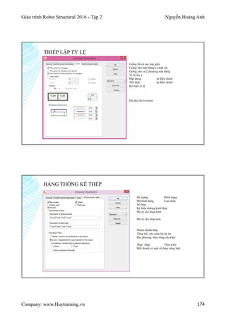 Giáo trình Robot Structural 2016 - Tập 2 Nguyễn Hoàng Anh
Company: www.Huytraining.vn 174
THIẾP LẬP TỶ LỆ
Giống tất cả các loại giấy
Giống cho mặt đứng và mặt cắt
Giống cho cả 2 phương mặt đứng
Tỷ lệ tùy ý
Mặt đứng tự điều chỉnh
Tiết diện tự điều chỉnh
Ký hiệu tỷ lệ
Độ dày nét in (mm)
BẢNG THỐNG KÊ THÉP
Số lượng Hình dạng
Mã hình dạng Loại thép
Số thép
Ký hiệu đường kính thép
Mô tả cho thép hình
Mô tả cho thép trơn
Nhóm thanh thép
Tổng thể: cho toàn bộ dự án
Địa phương: theo từng cấu kiện
Theo nhịp Theo kiểu
Mỗi thanh có một số thép riêng biệt
 