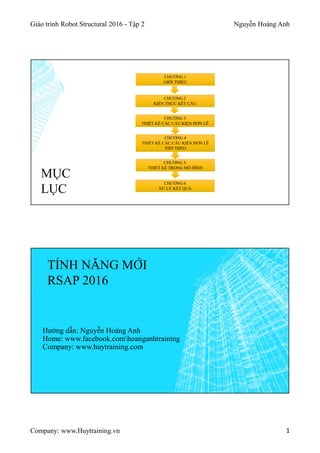 Giáo trình Robot Structural 2016 - Tập 2 Nguyễn Hoàng Anh
Company: www.Huytraining.vn 1
MỤC
LỤC
CHƯƠNG 1
GIỚI THIỆU
CHƯƠNG 1
GIỚI THIỆU
CHƯƠNG 2
KIẾN THỨC KẾT CẤU
CHƯƠNG 2
KIẾN THỨC KẾT CẤU
CHƯƠNG 3
THIẾT KẾ CÁC CẤU KIỆN ĐƠN LẼ
CHƯƠNG 3
THIẾT KẾ CÁC CẤU KIỆN ĐƠN LẼ
CHƯƠNG 4
THIẾT KẾ CÁC CẤU KIỆN ĐƠN LẼ
TIẾP THEO
CHƯƠNG 4
THIẾT KẾ CÁC CẤU KIỆN ĐƠN LẼ
TIẾP THEO
CHƯƠNG 5:
THIẾT KẾ TRONG MÔ HÌNH
CHƯƠNG 5:
THIẾT KẾ TRONG MÔ HÌNH
CHƯƠNG 6
XỬ LÝ KẾT QUẢ
CHƯƠNG 6
XỬ LÝ KẾT QUẢ
TÍNH NĂNG MỚI
RSAP 2016
Hướng dẫn: Nguyễn Hoàng Anh
Home: www.facebook.comhoanganhtraining
Company: www.huytraining.com
 