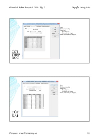 Giáo trình Robot Structural 2016 - Tập 2 Nguyễn Hoàng Anh
Company: www.Huytraining.vn 61
CỐT
THÉP
DỌC
Thép
Dữ liệu mã hiệu thép
Nhóm thép
Plain: thép trơn
Deformed: thép có gân
Cường độ đặc trưng của thép (fu)
CỐT
ĐAI
Thép
Dữ liệu mã hiệu thép
Nhóm thép
Plain: thép trơn
Deformed: thép có gân
Cường độ đặc trưng của thép (fu)
 