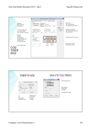 Giáo trình Robot Structural 2016 - Tập 2 Nguyễn Hoàng Anh
Company: www.Huytraining.vn 65
CỐT
THÉP
ĐAI
Mặt đứng
Cốt thép gối đỡ
Tải trọng treo
Ví trí cốt đai đầu cùng
e: theo giá trị nhập
Auto: theo giá trị tính toán
Mặt cắt
Tự động
Tự định nghĩa
Cốt đai hỡ (kiềng mở)
Cho Dầm chữ T
Cho dầm Chữ nhật
Tạo nép đóng kiềng
Kiểu bố trí
Sát với biểu đồ bao
Theo khoảng cách chia đều
Khoảng cách biến đổi
Hệ số gia tăng khoảng cách
Theo danh sách
Các phương án bố trí cốt đai
Đường kính cốt đai 1
Đường kính cốt đai 2
GIA CỐ TẢI TREO
Phương pháp gia cố
Bán kính uốn
Đường kính
Số lượng
Như thanh thép chính
THÉP Ở GỐI
b> gối đỡ bê tông
B> Gối đỡ gạch
Khoảng cách Số lượng
Giống thép ở gối Tự động
 