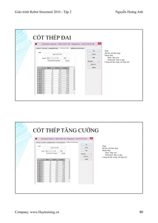 Giáo trình Robot Structural 2016 - Tập 2 Nguyễn Hoàng Anh
Company: www.Huytraining.vn 80
CỐT THÉP ĐAI
Thép
Dữ liệu mã hiệu thép
Nhóm thép
Plain: thép trơn
Deformed: thép có gân
Cường độ đặc trưng của thép (fu)
CỐT THÉP TĂNG CƯỜNG
Thép
Dữ liệu mã hiệu thép
Nhóm thép
Plain: thép trơn
Deformed: thép có gân
Cường độ đặc trưng của thép (fu)
 