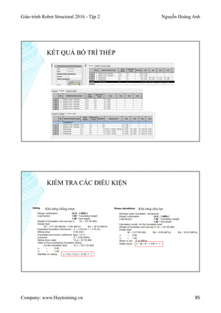 Giáo trình Robot Structural 2016 - Tập 2 Nguyễn Hoàng Anh
Company: www.Huytraining.vn 85
KẾT QUẢ BỐ TRÍ THÉP
KIỂM TRA CÁC ĐIỀU KIỆN
Khả năng chịu lựcKhả năng chống trượt
 