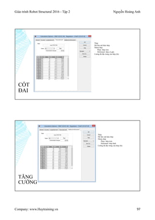 Giáo trình Robot Structural 2016 - Tập 2 Nguyễn Hoàng Anh
Company: www.Huytraining.vn 97
CỐT
ĐAI
Thép
Dữ liệu mã hiệu thép
Nhóm thép
Plain: thép trơn
Deformed: thép có gân
Cường độ đặc trưng của thép (fu)
TĂNG
CƯỜNG
Thép
Dữ liệu mã hiệu thép
Nhóm thép
Plain: thép trơn
Deformed: thép hình
Cường độ đặc trưng của thép (fu)
 
