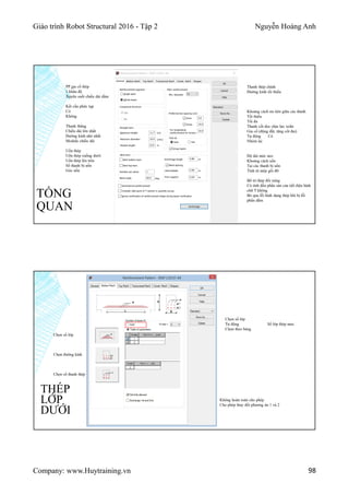 Giáo trình Robot Structural 2016 - Tập 2 Nguyễn Hoàng Anh
Company: www.Huytraining.vn 98
TỔNG
QUAN
PP gia cố thép
1 khẩu độ
Xuyên suốt chiều dài dầm
Kết cấu phức tạp
Có
Không
Thanh thẳng
Chiều dài lớn nhất
Đường kính nhỏ nhất
Module chiều dài
Uốn thép
Uốn thép xuống dưới
Uốn thép lên trên
Số thanh bị uốn
Góc uốn
Thanh thép chính
Đường kính tối thiểu
Khoảng cách ưu tiên giữa các thanh
Tối thiểu
Tối đa
Thanh cốt dọc chịu lực xoắn
Gia cố (động đất, tăng cốt đai)
Tự động Có
Nhóm lại
Độ dài móc neo
Khoảng cách uốn
Tại các thanh bị uốn
Tính từ mép gối đỡ
Bố trí thép đối xứng
Có tính đến phần sàn của tiết diện hình
chữ T không
Bỏ qua lỗi hình dạng thép khi bị lỗi
phần dầm
THÉP
LỚP
DƯỚI
Không hoàn toàn cho phép
Cho phép thay đổi phương án 1 và 2
Chọn số lớp
Tự động Số lớp thép max
Chọn theo bảng
Chọn số lớp
Chọn đường kính
Chọn số thanh thép
 