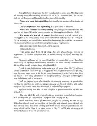 Thủy phân hoàn toàn protein, thu được chủ yếu các L--amino acid. Mặc dù protein
rất đa dạng nhưng hầu hết chúng đều được cấu tạo từ 20 L--amino acid. Dựa vào đặc
tính của gốc R, amino acid được chia làm bảy nhóm chính sau đây:
- Amino acid trung tính mạch thẳng. Bao gồm glycine, alanine, valine, leucine và
isoleucine.
- Các hydroxyl amino acid mạch thẳng. Bao gồm serine và threonine.
- Amino acid chứa lưu huỳnh mạch thẳng. Bao gồm cysteine và methionine. Khi
oxy hóa hai nhóm -SH của hai phân tử cysteine tạo thành cystine có chứa cầu (-S-S-).
- Các amino acid acid và các amide. Bao gồm aspartic acid và glutamic acid.
Trong phân tử của chúng có một nhóm amine và hai nhóm carboxyl. Ở độ pH sinh lý (6-
7), các amino acid này tích điện âm. Amine hóa nhóm carboxyl ở mạch bên của aspartate
và glutamate tạo thành các amide tương ứng là asparagine và glutamine.
- Các amino acid kiềm. Bao gồm lysine và arginine.
- Iminoacid. Proline.
- Các amino acid thơm và dị vòng. Bao gồm phenylalanine, tyrosine và
tryptophan. Do có chứa vòng thơm nên các amino acid này có một số phản ứng đặc
trưng.
Các amino acid được nối với nhau bởi các liên kết peptide, liên kết này được hình
thành do sự kết hợp nhóm amine của một amino acid với nhóm carboxyl của amino acid
kế tiếp. Phản ứng kết hợp giải phóng một phân tử H2O.
Peptide là một chuỗi nối tiếp nhiều amino acid (số lượng ít hơn 30). Với số lượng
amino acid lớn hơn chuỗi được gọi là polypeptide. Mỗi polypeptide có hai đầu tận cùng,
một đầu mang nhóm amine tự do, đầu kia mang nhóm carboxyl tự do. Protein được dùng
để chỉ đơn vị chức năng, nghĩa là một cấu trúc phức tạp trong không gian chứ không phải
đơn thuần là một trình tự amino acid.
Chuỗi polypeptide có thể uốn thành cấu trúc hình gậy như trong các protein hình
sợi hay cấu trúc khối cầu như trong các protein dạng cầu hay một cấu trúc gồm cả hai
dạng trên. Một protein có thể được hình thành từ nhiều chuỗi polypeptide.
Người ta thường phân biệt cấu trúc của phân tử protein thành bốn bậc như sau
(Hình 1.4):
- Cấu trúc bậc 1. Là trình tự sắp xếp các gốc amino acid trong chuỗi polypeptide.
Cấu trúc này được giữ vững nhờ liên kết peptide (liên kết cộng hóa trị).
Vì mỗi một amino acid có gốc khác nhau, các gốc này có những đặc tính hóa học
khác nhau, nên một chuỗi polypeptide ở các thời điểm khác nhau có những đặc tính hóa
học rất khác nhau. Tuy nhiên, về tổng quát thì tất cả các chuỗi polypeptide được xây
dựng một cách có hệ thống từ các nhóm nguyên tử CO, CH và NH. Việc xây dựng có hệ
thống này là cơ sở để tạo nên cấu trúc bậc hai.
 