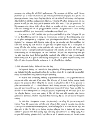 promoter của chúng đối với RNA polymerase. Các promoter có ái lực mạnh (strong
promoter) tạo ra nhiều sản phẩm của gen hơn các promoter có ái lực yếu. Các gen mà sản
phẩm protein của chúng được tổng hợp đáp lại với các nhân tố môi trường, thường được
điều khiển bởi một hay nhiều protein điều hòa. Trình tự DNA bên trong operon, nơi mà
protein ức chế gắn vào, được gọi là operator (điểm điều hành). Việc gắn protein ức chế
lên operator ngăn cản sự phiên mã của tất cả các gen cấu trúc trên cùng một operon. Sự
kiểm soát như vậy đối với với gen gọi là kiểm soát âm. Các operon của vi khuẩn thường
tạo ra các mRNA đa gen, nhưng mRNA của eukaryote chỉ một gen.
Các protein cần thiết cho biểu hiện gen được gọi là chất hoạt hóa. Chúng có thể gắn
với các điểm khởi sự nằm bên trong của promoter của operon hay điểm tăng cường hoặc
có thể gắn ở những trình tự xa operon. Việc gắn của protein điều hòa vào điểm khởi đầu
(initiator) hay enhancer, kích thích sự phiên mã của các gen cấu trúc, được gọi là cơ chế
kiểm soát dương. Sự kích thích để các gen điều hòa phản ứng có thể là từ các phân tử
tương đối nhỏ như đường, amino acid đến các phân tử lớn hơn như các phức hợp
hormone steroid và các protein thụ thể (receptor). Chất làm cho gen phiên mã được gọi là
chất cảm ứng, có tác động ngược với chất kìm hãm. Các gen cảm ứng thường tham gia
vào các phản ứng thoái dưỡng (catabolic reaction), như phân hủy các polysaccharide
thành đường đơn. Các gen ức chế thường tham gia vào các phản ứng biến dưỡng thực
hiện việc tổng hợp các chất như amino acid từ các tiền chất đơn giản hơn.
3. Điều hòa thoái dưỡng: Kiểm soát âm-cảm ứng
Trong thoái dưỡng, các chất thức ăn được phân hủy dễ dàng tạo năng lượng hoặc
các chất cần thiết cho quá trình tổng hợp. Cơ chế điều hòa ở đây là sự có mặt của cơ chất
(ví dụ lactose) dẫn tới tổng hợp các enzyme phân hủy.
Ví dụ điển hình cho trường hợp này là operon lactose của E. coli. -galactosidase là
enzyme có chức năng đôi. Chức năng đầu tiên của nó là thoái dưỡng lactose thành
glucose và galactose. Chức năng thứ hai của nó là chuyển liên kết 1-4 của glucose và
galactose thành liên kết 1-5 của allolactose. Bình thường enzyme này không hiện diện ở
nồng độ cao trong tế bào, khi vắng mặt lactose trong môi trường. Ngay sau khi cho
lactose vào môi trường nuôi khi không có glucose, enzyme này bắt đầu được tạo ra. Sự
vận chuyển lactose xuyên qua màng tế bào có hiệu quả nhờ protein vận chuyển
galactoside permease. Protein cũng xuất hiện với nồng độ cao khi có lactose trong môi
trường.
Sự điều hòa của operon lactose còn phụ thuộc vào nồng độ glucose trong môi
trường. Nồng độ glucose này lại kiểm soát nồng độ bên trong tế bào của phân tử nhỏ
cAMP (cyclic adenosine monophosphate), là chất bắt nguồn từ ATP và làm tín hiệu báo
động cho tế bào. Tế bào có xu hướng sử dụng glucose hơn là lactose để làm nguồn
carbon vì glucose được biến dưỡng trực tiếp cung cấp carbon và tạo năng lượng. Các
enzyme biến dưỡng glucose thuộc loại cấu trúc và tế bào tăng trưởng tối đa với nguồn
 