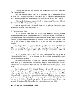 - Tổng hợp sợi cDNA thứ nhất từ khuôn mẫu mRNA nhờ enzyme phiên mã ngược
(reverse transcriptase).
- Gây biến tính (đun sôi) thể lai mRNA-cDNA để phá hủy sợi mRNA bằng RNase
H của E. coli. Tổng hợp sợi cDNA thứ hai từ khuôn mẫu sợi cDNA thứ nhất nhờ enzyme
DNA polymerase với primer là vòng cặp tóc của nó để thu được phân tử cDNA sợi đôi.
- Cắt vòng cặp tóc bằng enzyme nuclease S1 và dùng enzyme Klenow sửa chữa hai
đầu của sợi đôi cDNA để tạo ra đầu bằng.
- Gắn các đoạn nối (linker) vào hai đầu của cDNA sợi đôi trước khi tạo dòng trong
vector thích hợp để xây dựng thư viện cDNA.
5. Thư viện genomic DNA
Thư viện genomic DNA là một tập hợp các đoạn DNA cùng đại diện cho một
genome nguyên vẹn (hoặc gần nguyên vẹn) của cá thể mà DNA được bắt nguồn từ đó.
Các thư viện được dùng chủ yếu hoặc để sàng lọc theo các phương pháp khác nhau nhằm
phân lập một (hoặc các) trình tự nucleotide quan tâm đặc biệt, hoặc để xác định vị trí và
thứ tự của các trình tự trong genome mà từ đó thư viện được xây dựng (physical
mapping).
Xây dựng một thư viện genomic DNA bao gồm bốn bước chính: Cắt DNA, gắn
DNA vào vector, đóng gói các dòng tái tổ hợp trong vỏ protein của virus để làm bước
trung gian trước khi xâm nhập vào tế bào vật chủ, và chuyển cấu trúc đó vào tế bào vật
chủ.
Thư viện genomic DNA có nhiều ứng dụng, chẳng hạn để lập bản đồ vật lý
(physical mapping) của DNA và xác định các gen gây bệnh hoặc các chuỗi DNA quan
tâm cho những phân tích khác.
Sản xuất ra các dòng mang các đoạn chèn DNA khác nhau nhưng gối lên nhau có
nhiều thuận lợi và thư viện có thể được sử dụng trong quá trình chromosome walking.
Chromosome walking thường được thực hiện với thư viện của cosmid, phage  hoặc
YAC2
.
Các thư viện genomic DNA cũng cần thiết cho việc xác định các gen gây bệnh
bằng cách tạo dòng chức năng (functional cloning). Theo hướng này, thông tin về chức
năng của gen được khai thác để phân lập gen mong muốn từ thư viện. Một
oligonucleotide có trình tự dựa trên chuỗi amino acid từng phần được dùng như là một
probe (mẫu dò) để phân lập dòng cDNA bằng cách sàng lọc thư viện cDNA. Dòng cDNA
này sau đó có thể được dùng để sàng lọc thư viện genome nhằm phân lập các dòng
genomic DNA và cho phép khảo sát đặc điểm của chuỗi genomic hoàn chỉnh.
IV. Biểu hiện gen ngoại lai trong vi khuẩn
 