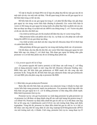 Về mặt lý thuyết, kỹ thuật DNA tái tổ hợp cho phép đưa bất kỳ một gen nào đó từ
một sinh vật này vào một sinh vật khác. Vấn đề quan trọng là làm sao để gen ngoại lai có
thể biểu hiện trong cơ thể vật chủ.
Để biểu hiện tất cả các gen ngoại lai trong E. coli phải bắt đầu bằng việc gắn đoạn
gen ngoại lai vào trong vector biểu hiện (thường là plasmid). Các vector biểu hiện là
vector có thể mang các gen ngoại lai mong muốn cho phép thực hiện sự phiên mã của các
bản sao được tạo dòng và sự dịch mã các mRNA của chúng trong E. coli. Vector này phải
có đủ các cấu trúc cần thiết sau:
- Các trình tự mã hóa gen chỉ thị (marker) để đảm bảo duy trì vector trong tế bào.
- Một promoter kiểm soát phiên mã (ví dụ: lac, trp hoặc tac) cho phép sản xuất một
lượng lớn mRNA từ các gen được tạo dòng.
- Các trình tự kiểm soát dịch mã như vùng liên kết ribosome được bố trí thích hợp
và codon khởi đầu AUG.
- Một polylinker để đưa gen ngoại lai vào trong một hướng chính xác với promoter.
Chỉ khi được cấu trúc đầy đủ như thế, các vector biểu hiện mang gen ngoại lai mới
được biến nạp vào chủng E. coli thích hợp. Nếu đoạn gen ngoại lai không nằm giữa
promoter và vị trí kết thúc phiên mã, thì nó sẽ không được phiên mã.
1. Các protein nguyên thể tái tổ hợp
Các protein nguyên thể (native protein) có thể được sản xuất trong E. coli bằng
cách sử dụng promoter mạnh và một vùng liên kết ribosome (ribosome binding sites-
RBS) hiệu quả. Để biểu hiện gen prokaryote có RBS mạnh chỉ cần cung cấp một
promoter là đủ. Trong khi đó, để biểu hiện một gen eukaryote (hoặc một gen prokaryote
với một RBS yếu) cần phải cung cấp cả promoter lẫn RBS.
1.1. Biểu hiện của gen prokaryote-Promoter
Bước đầu tiên khi biểu hiện các protein của eukaryote trong vi khuẩn là chọn một
vector biểu hiện mang promoter mạnh của prokaryote. Các promoter thích hợp nhất cho
biểu hiện của gen ngoại lai ở E. coli là những promoter có khả năng điều chỉnh mạnh.
Điển hình là promoter (lai) trp-lac.
Promoter trp-lac còn gọi là promoter tac (một dạng promoter lai giữa promoter trp
và promoter lac) đã được sử dụng thành công để sản xuất một lượng lớn protein trong E.
coli (Hình 9.8). Promoter trp được điều chỉnh bởi gen ức chế trp và có thể được cảm ứng
bởi sự bổ sung của 3-indolylacetic acid (3-IAA) vào môi trường hoặc bằng cách thiếu
tryptophan. Trong khi đó, promoter lac được điều chỉnh bởi gen ức chế lac và vì thế có
thể được cảm ứng nhờ bổ sung nhân tố cảm ứng isopropyl--D-thiogalactoside (IPTG)
vào môi trường nuôi cấy vi khuẩn. Cuối cùng, promoter (lai) trp-lac mang đoạn trp-35
 