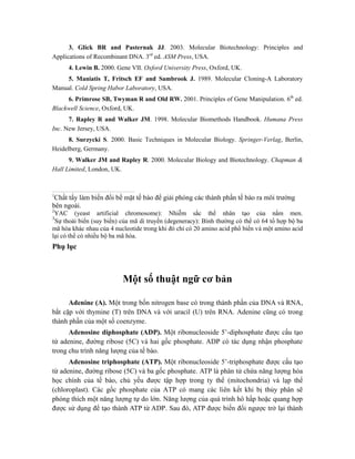 3. Glick BR and Pasternak JJ. 2003. Molecular Biotechnology: Principles and
Applications of Recombinant DNA. 3rd
ed. ASM Press, USA.
4. Lewin B. 2000. Gene VII. Oxford University Press, Oxford, UK.
5. Maniatis T, Fritsch EF and Sambrook J. 1989. Molecular Cloning-A Laboratory
Manual. Cold Spring Habor Laboratory, USA.
6. Primrose SB, Twyman R and Old RW. 2001. Principles of Gene Manipulation. 6th
ed.
Blackwell Science, Oxford, UK.
7. Rapley R and Walker JM. 1998. Molecular Biomethods Handbook. Humana Press
Inc. New Jersey, USA.
8. Surzycki S. 2000. Basic Techniques in Molecular Biology. Springer-Verlag, Berlin,
Heidelberg, Germany.
9. Walker JM and Rapley R. 2000. Molecular Biology and Biotechnology. Chapman &
Hall Limited, London, UK.
1
Chất tẩy làm biến đổi bề mặt tế bào để giải phóng các thành phần tế bào ra môi trường
bên ngoài.
2
YAC (yeast artificial chromosome): Nhiễm sắc thể nhân tạo của nấm men.
3
Sự thoái biến (suy biến) của mã di truyền (degeneracy): Bình thường có thể có 64 tổ hợp bộ ba
mã hóa khác nhau của 4 nucleotide trong khi đó chỉ có 20 amino acid phổ biến và một amino acid
lại có thể có nhiều bộ ba mã hóa.
Phụ lục
Một số thuật ngữ cơ bản
Adenine (A). Một trong bốn nitrogen base có trong thành phần của DNA và RNA,
bắt cặp với thymine (T) trên DNA và với uracil (U) trên RNA. Adenine cũng có trong
thành phần của một số coenzyme.
Adenosine diphosphate (ADP). Một ribonucleoside 5’-diphosphate được cấu tạo
từ adenine, đường ribose (5C) và hai gốc phosphate. ADP có tác dụng nhận phosphate
trong chu trình năng lượng của tế bào.
Adenosine triphosphate (ATP). Một ribonucleoside 5’-triphosphate được cấu tạo
từ adenine, đường ribose (5C) và ba gốc phosphate. ATP là phân tử chứa năng lượng hóa
học chính của tế bào, chủ yếu được tập hợp trong ty thể (mitochondria) và lạp thể
(chloroplast). Các gốc phosphate của ATP có mang các liên kết khi bị thủy phân sẽ
phóng thích một năng lượng tự do lớn. Năng lượng của quá trình hô hấp hoặc quang hợp
được sử dụng để tạo thành ATP từ ADP. Sau đó, ATP được biến đổi ngược trở lại thành
 