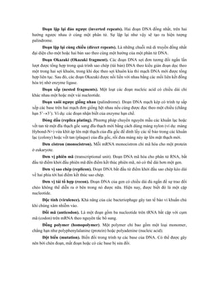 Đoạn lặp lại đảo ngược (inverted repeats). Hai đoạn DNA đồng nhất, trên hai
hướng ngược nhau ở cùng một phân tử. Sự lặp lại như vậy sẽ tạo ra hiện tượng
palindrome.
Đoạn lặp lại cùng chiều (direct repeats). Là những chuỗi mã di truyền đồng nhất
đại diện cho một hoặc hai bản sao theo cùng một hướng của một phân tử DNA.
Đoạn Okazaki (Okazaki fragment). Các đoạn DNA sợi đơn tương đối ngắn lần
lượt được tổng hợp trong quá trình sao chép (tái bản) DNA theo kiểu gián đoạn dọc theo
một trong hai sợi khuôn, trong khi dọc theo sợi khuôn kia thì mạch DNA mới được tổng
hợp liên tục. Sau đó, các đoạn Okazaki được nối liền với nhau bằng các mối liên kết đồng
hóa trị nhờ enzyme ligase.
Đoạn xếp (nested fragments). Một loạt các đoạn nucleic acid có chiều dài chỉ
khác nhau một hoặc một vài nucleotide.
Đoạn xuôi ngược giống nhau (palindrome). Đoạn DNA mạch kép có trình tự sắp
xếp các base trên hai mạch đơn giống hệt nhau nếu cùng được đọc theo một chiều (chẳng
hạn 5’3’). Ví dụ: các đoạn nhận biết của enzyme hạn chế.
Đóng dấu (replica plating). Phương pháp chuyển nguyên mẫu các khuẩn lạc hoặc
vết tan từ một đĩa thạch gốc sang đĩa thạch mới bằng cách dùng màng nylon (ví dụ: màng
Hybond-N+) vừa khít áp lên mặt thạch của đĩa gốc để dính lấy các tế bào trong các khuẩn
lạc (colony) hoặc vết tan (plaque) của đĩa gốc, rồi đưa màng này áp lên mặt thạch mới.
Đơn cistron (monocistron). Mỗi mRNA monocistron chỉ mã hóa cho một protein
ở eukaryote.
Đơn vị phiên mã (transcriptional unit). Đoạn DNA mã hóa cho phân tử RNA, bắt
đầu từ điểm khởi đầu phiên mã đến điểm kết thúc phiên mã, nó có thể dài hơn một gen.
Đơn vị sao chép (replicon). Đoạn DNA bắt đầu từ điểm khởi đầu sao chép kéo dài
về hai phía tới hai điểm kết thúc sao chép.
Đơn vị tái tổ hợp (recon). Đoạn DNA của gen có chiều dài đủ ngắn để sự trao đổi
chéo không thể diễn ra ở bên trong nó được nữa. Hiện nay, được biết đó là một cặp
nucleotide.
Độc tính (virulence). Khả năng của các bacteriophage gây tan tế bào vi khuẩn chủ
khi chúng xâm nhiễm vào.
Đối mã (anticodon). Là một đoạn gồm ba nucleotide trên tRNA bắt cặp với cụm
mã (codon) trên mRNA theo nguyên tắc bổ sung.
Đồng polymer (homopolymer). Một polymer chỉ bao gồm một loại monomer,
chẳng hạn như polyphenylalanine (protein) hoặc polyadenine (nucleic acid).
Đột biến (mutation). Biến đổi trong trình tự các base của DNA. Có thể được gây
nên bởi chèn đoạn, mất đoạn hoặc có các base bị sửa đổi.
 