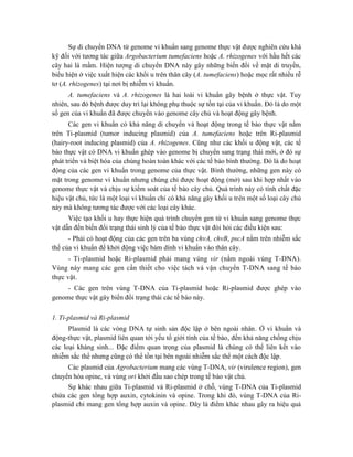 Sự di chuyển DNA từ genome vi khuẩn sang genome thực vật được nghiên cứu khá
kỹ đối với tương tác giữa Argobacterium tumefaciens hoặc A. rhizogenes với hầu hết các
cây hai lá mầm. Hiện tượng di chuyển DNA này gây những biến đổi về mặt di truyền,
biểu hiện ở việc xuất hiện các khối u trên thân cây (A. tumefaciens) hoặc mọc rất nhiều rễ
tơ (A. rhizogenes) tại nơi bị nhiễm vi khuẩn.
A. tumefaciens và A. rhizogenes là hai loài vi khuẩn gây bệnh ở thực vật. Tuy
nhiên, sau đó bệnh được duy trì lại không phụ thuộc sự tồn tại của vi khuẩn. Đó là do một
số gen của vi khuẩn đã được chuyển vào genome cây chủ và hoạt động gây bệnh.
Các gen vi khuẩn có khả năng di chuyển và hoạt động trong tế bào thực vật nằm
trên Ti-plasmid (tumor inducing plasmid) của A. tumefaciens hoặc trên Ri-plasmid
(hairy-root inducing plasmid) của A. rhizogenes. Cũng như các khối u động vật, các tế
bào thực vật có DNA vi khuẩn ghép vào genome bị chuyển sang trạng thái mới, ở đó sự
phát triển và biệt hóa của chúng hoàn toàn khác với các tế bào bình thường. Đó là do hoạt
động của các gen vi khuẩn trong genome của thực vật. Bình thường, những gen này có
mặt trong genome vi khuẩn nhưng chúng chỉ được hoạt động (mở) sau khi hợp nhất vào
genome thực vật và chịu sự kiểm soát của tế bào cây chủ. Quá trình này có tính chất đặc
hiệu vật chủ, tức là một loại vi khuẩn chỉ có khả năng gây khối u trên một số loại cây chủ
này mà không tương tác được với các loại cây khác.
Việc tạo khối u hay thực hiện quá trình chuyển gen từ vi khuẩn sang genome thực
vật dẫn đến biến đổi trạng thái sinh lý của tế bào thực vật đòi hỏi các điều kiện sau:
- Phải có hoạt động của các gen trên ba vùng chvA, chvB, pscA nằm trên nhiễm sắc
thể của vi khuẩn để khởi động việc bám dính vi khuẩn vào thân cây.
- Ti-plasmid hoặc Ri-plasmid phải mang vùng vir (nằm ngoài vùng T-DNA).
Vùng này mang các gen cần thiết cho việc tách và vận chuyển T-DNA sang tế bào
thực vật.
- Các gen trên vùng T-DNA của Ti-plasmid hoặc Ri-plasmid được ghép vào
genome thực vật gây biến đổi trạng thái các tế bào này.
1. Ti-plasmid và Ri-plasmid
Plasmid là các vòng DNA tự sinh sản độc lập ở bên ngoài nhân. Ở vi khuẩn và
động-thực vật, plasmid liên quan tới yếu tố giới tính của tế bào, đến khả năng chống chịu
các loại kháng sinh... Đặc điểm quan trọng của plasmid là chúng có thể liên kết vào
nhiễm sắc thể nhưng cũng có thể tồn tại bên ngoài nhiễm sắc thể một cách độc lập.
Các plasmid của Agrobacterium mang các vùng T-DNA, vir (virulence region), gen
chuyển hóa opine, và vùng ori khởi đầu sao chép trong tế bào vật chủ.
Sự khác nhau giữa Ti-plasmid và Ri-plasmid ở chỗ, vùng T-DNA của Ti-plasmid
chứa các gen tổng hợp auxin, cytokinin và opine. Trong khi đó, vùng T-DNA của Ri-
plasmid chỉ mang gen tổng hợp auxin và opine. Đây là điểm khác nhau gây ra hiệu quả
 