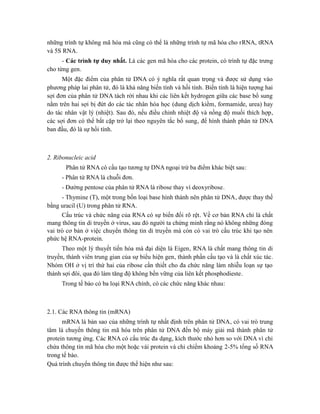 những trình tự không mã hóa mà cũng có thể là những trình tự mã hóa cho rRNA, tRNA
và 5S RNA.
- Các trình tự duy nhất. Là các gen mã hóa cho các protein, có trình tự đặc trưng
cho từng gen.
Một đặc điểm của phân tử DNA có ý nghĩa rất quan trọng và được sử dụng vào
phương pháp lai phân tử, đó là khả năng biến tính và hồi tính. Biến tính là hiện tượng hai
sợi đơn của phân tử DNA tách rời nhau khi các liên kết hydrogen giữa các base bổ sung
nằm trên hai sợi bị đứt do các tác nhân hóa học (dung dịch kiềm, formamide, urea) hay
do tác nhân vật lý (nhiệt). Sau đó, nếu điều chỉnh nhiệt độ và nồng độ muối thích hợp,
các sợi đơn có thể bắt cặp trở lại theo nguyên tắc bổ sung, để hình thành phân tử DNA
ban đầu, đó là sự hồi tính.
2. Ribonucleic acid
Phân tử RNA có cấu tạo tương tự DNA ngoại trừ ba điểm khác biệt sau:
- Phân tử RNA là chuỗi đơn.
- Đường pentose của phân tử RNA là ribose thay vì deoxyribose.
- Thymine (T), một trong bốn loại base hình thành nên phân tử DNA, được thay thế
bằng uracil (U) trong phân tử RNA.
Cấu trúc và chức năng của RNA có sự biến đổi rõ rệt. Về cơ bản RNA chỉ là chất
mang thông tin di truyền ở virus, sau đó người ta chứng minh rằng nó không những đóng
vai trò cơ bản ở việc chuyển thông tin di truyền mà còn có vai trò cấu trúc khi tạo nên
phức hệ RNA-protein.
Theo một lý thuyết tiến hóa mà đại diện là Eigen, RNA là chất mang thông tin di
truyền, thành viên trung gian của sự biểu hiện gen, thành phần cấu tạo và là chất xúc tác.
Nhóm OH ở vị trí thứ hai của ribose cần thiết cho đa chức năng làm nhiễu loạn sự tạo
thành sợi đôi, qua đó làm tăng độ không bền vững của liên kết phosphodieste.
Trong tế bào có ba loại RNA chính, có các chức năng khác nhau:
2.1. Các RNA thông tin (mRNA)
mRNA là bản sao của những trình tự nhất định trên phân tử DNA, có vai trò trung
tâm là chuyển thông tin mã hóa trên phân tử DNA đến bộ máy giải mã thành phân tử
protein tương ứng. Các RNA có cấu trúc đa dạng, kích thước nhỏ hơn so với DNA vì chỉ
chứa thông tin mã hóa cho một hoặc vài protein và chỉ chiếm khoảng 2-5% tổng số RNA
trong tế bào.
Quá trình chuyển thông tin được thể hiện như sau:
 