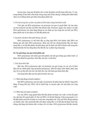 Sự lựa chọn vùng nào để phiên mã và mức độ phiên mã đều được điều hòa. Vì vậy,
trong những tế bào khác nhau hoặc trong cùng một tế bào nhưng ở những thời điểm khác
nhau sẽ có những nhóm gen khác nhau được phiên mã.
4. Chỉ một trong hai sợi đơn của phân tử DNA được dùng làm khuôn mẫu
Việc gắn của RNA polymerase vào promoter của gen sẽ quyết định việc lựa chọn
sợi nào trong hai sợi đơn của DNA làm khuôn mẫu. Promoter, ngoài việc mang vị trí gắn
RNA polymerase còn chứa đựng thông tin xác định sợi nào trong hai sợi đơn của DNA
được phiên mã và xác định vị trí bắt đầu phiên mã.
5. Sự phiên mã được khởi phát không cần mồi
RNA polymerase có thể khởi đầu sự tổng hợp RNA trên khuôn mẫu DNA mà
không cần mồi như DNA polymerase. Điều này đòi hỏi ribonucleotide đầu tiên được
mang đến vị trí bắt đầu phiên mã phải được giữ ổn định trên DNA khuôn mẫu trong khi
ribonucleotide thứ hai đang được đưa đến để xảy ra phản ứng trùng hợp.
II. Các giai đoạn của quá trình phiên mã
RNA polymerase tiến hành quá trình phiên mã một gen thông qua nhiều bước và
được chia thành ba giai đoạn: khởi đầu, kéo dài, và kết thúc.
1. Giai đoạn khởi đầu
Đầu tiên, RNA polymerase gắn với promoter của gen (cùng với các yếu tố khởi
đầu) để tạo thành phức hợp promoter-polymerase. Một khi được hình thành, phức hợp
này sẽ có sự thay đổi cấu trúc cần thiết cho việc tiến hành giai đoạn khởi đầu.
Giai đoạn khởi đầu này bao gồm ba bước như sau:
1.1. Phức hợp đóng (closed complex)
Khi RNA polymerase vừa mới gắn với promoter thì phức hợp tạo thành ở trạng thái
đóng. Ở trạng thái này, DNA vẫn là chuỗi kép và enzyme gắn vào một phía của vòng
xoắn.
1.2. Phức hợp mở (open complex)
Lúc này DNA xung quanh điểm bắt đầu phiên mã được mở xoắn và liên kết giữa
các cặp base bổ sung bị phá vỡ. Hai sợi DNA với độ dài khoảng 14 bp xung quanh vị trí
bắt đầu phiên mã tách rời nhau ra và tạo nên vòng phiên mã. Việc mở DNA đã giải phóng
sợi khuôn mẫu. Hai nucleotide đầu tiên được mang đến vị trí bắt đầu đã được hoạt hóa,
chúng xếp hàng trên khuôn mẫu và được nối với nhau. RNA polymerase bắt đầu chuyển
 