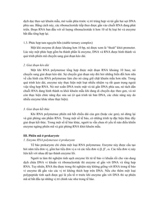 dịch dọc theo sợi khuôn mẫu, mở xoắn phía trước vị trí trùng hợp và tái gắn hai sợi DNA
phía sau. Bằng cách này, các ribonucleotide tiếp theo được gắn vào chuỗi RNA đang phát
triển. Đoạn RNA ban đầu với số lượng ribonucleotide ít hơn 10 sẽ bị loại bỏ và enzyme
bắt đầu tổng hợp lại.
1.3. Phức hợp tam nguyên bền (stable ternary complex)
Một khi enzyme đi được khoảng hơn 10 bp, nó được xem là “thoát” khỏi promoter.
Lúc này một phức hợp gồm ba thành phần là enzyme, DNA và RNA được hình thành và
quá trình phiên mã chuyển sang giai đoạn kéo dài.
2. Giai đoạn kéo dài
Một khi RNA polymerase tổng hợp được một đoạn RNA khoảng 10 base, nó
chuyển sang giai đoạn kéo dài. Sự chuyển giai đoạn này đòi hỏi những biến đổi hơn nữa
về cấu hình của RNA polymerase làm cho nó càng giữ chặt khuôn mẫu hơn nữa. Trong
quá trình kéo dài, enzyme này thực hiện một loạt nhiều nhiệm vụ rất quan trọng ngoài
việc tổng hợp RNA. Nó mở xoắn DNA trước mặt và tái gắn DNA phía sau, nó tách dần
chuỗi RNA đang hình thành ra khỏi khuôn mẫu khi đang di chuyển dọc theo gen, và nó
còn thực hiện chức năng đọc sửa sai (ở quá trình tái bản DNA, các chức năng này do
nhiều enzyme khác nhau thực hiện).
3. Giai đoạn kết thúc
Khi RNA polymerase phiên mã hết chiều dài của gen (hoặc các gen), nó dừng lại
và giải phóng sản phẩm RNA. Trong một số tế bào, có những trình tự đặc hiệu thúc đẩy
giai đoạn kết thúc. Trong một số tế bào khác, người ta vẫn chưa rõ yếu tố nào điều khiển
enzyme ngừng phiên mã và giải phóng RNA khỏi khuôn mẫu.
III. Phiên mã ở prokaryote
1. Enzyme RNA polymerase ở prokaryote
Tế bào prokaryote chỉ chứa một loại RNA polymerase. Enzyme này được cấu tạo
bởi năm tiểu đơn vị, gồm hai tiểu đơn vị α và các tiểu đơn vị β, β’, ω. Các tiểu đơn vị này
liên kết với nhau để tạo thành enzyme lõi.
Người ta làm thí nghiệm tinh sạch enzyme lõi từ tế bào vi khuẩn rồi cho vào dung
dịch chứa DNA vi khuẩn và ribonucleotide thì enzyme sẽ gắn với DNA và tổng hợp
RNA. Tuy nhiên, RNA thu được trong thí nghiệm này không giống với RNA trong tế bào
vì enzyme đã gắn vào các vị trí không thích hợp trên DNA. Nếu cho thêm một loại
polypeptide tinh sạch được gọi là yếu tố σ trước khi enzyme gắn với DNA thì sự phiên
mã sẽ bắt đầu tại những vị trí chính xác như trong tế bào.
 