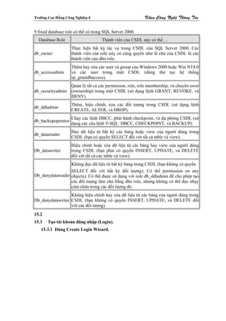 Tröôøng Cao Ñaúng Coâng Nghieäp 4                        Khoa Coâng Ngheä Thoâng Tin


9 fixed database role có thể có trong SQL Server 2000.
  Database Role                     Thành viên của CSDL này có thể …
                     Thực hiện bất kỳ tác vụ trong CSDL của SQL Server 2000. Các
db_owner             thành viên của role này có cùng quyền như là chủ của CSDL là các
                     thành viên của dbo role.
                     Thêm hay xóa các user và group của Windows 2000 hoặc Win NT4.0
db_accessadmin       và các user trong một CSDL (dùng thủ tục hệ thống
                     sp_grantdbaccess).
                 Quản lý tất cả các permission, role, role membership, và chuyển ower
db_securityadmin (ownership) trong một CSDL (sử dụng lệnh GRANT, REVOKE, và
                 DENY).
                     Thêm, hiệu chỉnh, xóa các đối tượng trong CSDL (sử dụng lệnh
db_ddladmin
                     CREATE, ALTER, và DROP).
                     Chạy các lệnh DBCC, phát hành checkpoint, và dự phòng CSDL (sử
db_backupoperator
                     dụng các câu lệnh T-SQL: DBCC, CHECKPOINT, và BACKUP).
                     Đọc dữ liệu từ bất kỳ các bảng hoặc view của người dùng trong
db_datareader
                     CSDL (bạn có quyền SELECT đối với tất cả table và view).
                     Hiệu chỉnh hoặc xóa dữ liệu từ các bảng hay view của người dùng
Db_datawriter        trong CSDL (bạn phải có quyền INSERT, UPDATE, và DELETE
                     đối với tất cả các table và view).
                  Không đọc dữ liệu từ bất kỳ bảng trong CSDL (bạn không có quyền
                  SELECT đối với bất kỳ đối tượng). Có thể permission on any
Db_denydatareader objects). Có thể được sử dụng với role db_ddladmin để cho phép tạo
                  các đối tượng làm chủ bằng dbo role, nhung không có thể đọc nhạy
                  cảm chứa trong các đối tượng đó.
                  Không hiệu chỉnh hay xóa dữ liệu từ các bảng của người dùng trong
Db_denydatawriter CSDL (bạn không có quyền INSERT, UPDATE, và DELETE đối
                  với các đối tượng)
15.2
15.3    Tạo tài khoản đăng nhập (Login).
    15.3.1 Dùng Create Login Wizard.
 