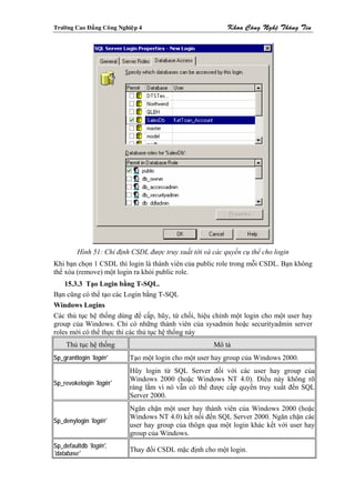 Tröôøng Cao Ñaúng Coâng Nghieäp 4                          Khoa Coâng Ngheä Thoâng Tin




         Hình 51: Chỉ định CSDL được truy xuất tới và các quyền cụ thể cho login
Khi bạn chọn 1 CSDL thì login là thành viên của public role trong mỗi CSDL. Bạn không
thể xóa (remove) một login ra khỏi public role.
    15.3.3 Tạo Login bằng T-SQL.
Bạn cũng có thể tạo các Login bằng T-SQL
Windows Logins
Các thủ tục hệ thống dùng để cấp, hũy, từ chối, hiệu chỉnh một login cho một user hay
group của Windows. Chỉ có những thành viên của sysadmin hoặc securityadmin server
roles mới có thể thực thi các thủ tục hệ thống này
    Thủ tục hệ thống                                   Mô tả
Sp_grantlogin 'login'       Tạo một login cho một user hay group của Windows 2000.
                            Hũy login từ SQL Server đối với các user hay group của
                            Windows 2000 (hoặc Windows NT 4.0). Điều này không rõ
Sp_revokelogin 'login'
                            ràng lắm vì nó vẫn có thể được cấp quyền truy xuất đến SQL
                            Server 2000.
                            Ngăn chặn một user hay thành viên của Windows 2000 (hoặc
                            Windows NT 4.0) kết nối đến SQL Server 2000. Ngăn chặn các
Sp_denylogin 'login'
                            user hay group của thôgn qua một login khác kết với user hay
                            group của Windows.
Sp_defaultdb 'login',
                            Thay đổi CSDL mặc định cho một login.
'database'
 