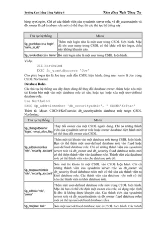 Tröôøng Cao Ñaúng Coâng Nghieäp 4                             Khoa Coâng Ngheä Thoâng Tin

bảng sysxlogins. Chỉ có các thành viên của sysadmin server role, và db_accessadmin và
db_owner fixed database role mới có thể thực thi các thủ tục hệ thống này.


    Thủ tục hệ thống                                    Mô tả
                            Thêm một login như là một user trong CSDL hiện hành. Mặc
Sp_grantdbaccess 'login',
                            dù tên user name trong CSDL có thể khác với tên login, điều
'name_in_db'
                            này không khuyến cáo.
Sp_revokedbaccess 'name' Bỏ một login như là một user trong CSDL hiện hành.
Ví dụ:
          USE Northwind
          EXEC Sp_grantdbaccess 'Joe'
Cho phép login tên là Joe truy xuất đến CSDL hiện hành, dùng user name là Joe trong
CSDL Northwind.
Database Roles
Các thủ tục hệ thống sau đây được dùng để thay đổi database owner, thêm hoặc xóa một
tài khoản bảo mật vào một database role có sẳn, hoặc tạo hoặc xóa một user-defined
database role.
Use Northwind
EXEC Sp_addrolemember 'db_securityadmin', ' CDCN4KeToan'
Thêm tài khoản CDCN4KeToanvào db_securityadmin database role trogn CSDL
Northwind.
  Thủ tục hệ thống                                    Mô tả
                        Thay đổi owner của một CSDL người dùng. Chỉ có những thành
Sp_changedbowner
                          viên của sysadmin server role hoặc owner database hiện hành mới
'login', remap_alias_flag
                        có thể thau đổi owner của CSDL.
                           Thêm một tài khoản vào một database role trong CSDL hiện hành.
                           Bạn có thể thêm một user-defined database role vào fixed hoặc
Sp_addrolemember           user-defined database role. Chỉ có những thành viên của sysadmin
'role', 'security_account' server role và db_owner and db_security fixed database roles mới
                           có thể thêm thành viên vào database role. Thành viên của database
                           role có thể thành viên vào cho database role đó.
                           Xóa một tài khoản từ một CSDL vào CSDL hiện hành. Chỉ có
                           những thành viên của sysadmin server role và db_owner và
Sp_droprolemember
                           db_security fixed dababase roles mới có thể xóa các thành viên ra
'role', 'security_account'
                           khỏi database role. Các thành viên của database role mới có thể
                           xóa các thành viên ra khỏi database role.
                        Thêm một user-defined database role mới trong CSDL hiện hành.
                        Mặc dù bạn có thể chỉ định một owner của role, sử dụng mặc định
Sp_addrole 'role',
                        là dbo là không được khuyến cáo. Các thành viên của sysadmin
'owner'
                        server role và db_securityadmin và db_owner fixed database roles
                        mới có thể tạo user-defined database roles.
Sp_droprole 'role'      Xóa một user-defined database role ở CSDL hiện hành. Các tàhnh
 