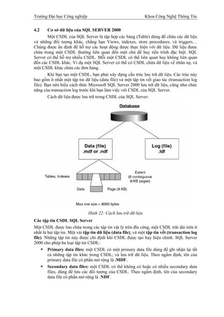 Trường Đại học Công nghiệp                                     Khoa Công Nghệ Thông Tin


4.2     Cơ sở dữ liệu của SQL SERVER 2000
        Một CSDL của SQL Server là tập hợp các bảng (Table) dùng để chứa các dữ liệu
và những đối tượng khác, chẳng hạn Views, indexes, store procedures, và triggers…
Chúng được ấn định để hỗ trợ các hoạt động được thực hiện với dữ liệu. Dữ liệu được
chứa trong một CSDL thường liên quan đến một chủ đề hay tiến trình đặc biệt. SQL
Server có thể hỗ trợ nhiều CSDL. Mỗi một CSDL có thể liên quan hay không liên quan
đến các CSDL khác. Ví dụ một SQL Server có thể có CSDL chứa dữ liệu về nhân sự, và
một CSDL khác chứa các đơn hàng.
        Khi bạn tạo một CSDL, bạn phải xây dựng cấu trúc lưu trữ dữ liệu. Các trúc này
bao gồm ít nhất một tập tin dữ liệu (data file) và một tập tin vết giao tác (transaction log
file). Bạn nên hiểu cách thức Microsoft SQL Server 2000 lưu trữ dữ liệu, cũng như chức
năng của transaction log trước khi bạn làm việc với CSDL của SQL Server.
        Cách dữ liệu được lưu trữ trong CSDL của SQL Server:




                               Hình 22: Cách lưu trữ dữ liệu
Các tập tin CSDL SQL Server
Một CSDL được lưu chứa trong các tập tin vật lý trên đĩa cứng, một CSDL trãi dài trên ít
nhất là hai tập tin. Một vài tập tin dữ liệu (data file), và một tập tin vết (transaction log
file). Những tập tin này được chỉ định khi CSDL được tạo hay hiệu chỉnh. SQL Server
2000 cho phép ba loại tập tin CSDL:
        Primary data files: một CSDL có một primary data file dùng để ghi nhận lại tất
        cả những tập tin khác trong CSDL, và lưu trữ dữ liệu. Theo ngầm định, tên của
        primary data file có phần mở rộng là .MDF.
        Secondary data files: một CSDL có thể không có hoặc có nhiều secondary data
        files, dùng để lưu các đối tượng của CSDL. Theo ngầm định, tên của secondary
        data file có phần mở rộng là .NDF.
 