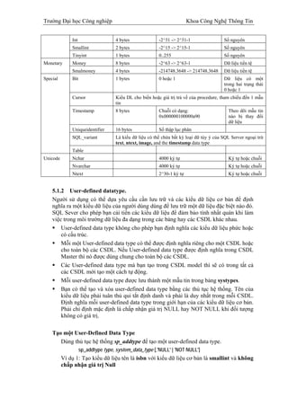 Trường Đại học Công nghiệp                                               Khoa Công Nghệ Thông Tin


              Int                    4 bytes              -2^31 -> 2^31-1                 Số nguyên
              Smallint               2 bytes              -2^15 -> 2^15-1                 Số nguyên
              Tinyint                1 bytes              0..255                          Số nguyên
Monetary      Money                  8 bytes              -2^63 -> 2^63-1                 Dữ liệu tiền tệ
              Smalmoney              4 bytes              -214748.3648 -> 214748.3648     Dữ liệu tiền tệ
Special       Bit                    1 bytes              0 hoặc 1                        Dữ liệu có một
                                                                                          trong hai trạng thái
                                                                                          0 hoặc 1
              Cursor                 Kiểu DL cho biến hoặc giá trị trả về của procedure, tham chiếu đến 1 mẫu
                                     tin
              Timestamp              8 bytes              Chuỗi có dạng:                    Theo dõi mẫu tin
                                                          0x000000100000a90                 nào bị thay đổi
                                                                                            dữ liệu
              Uniqueidentifier       16 bytes             Số thập lục phân
              SQL_variant            Là kiểu dữ liệu có thể chứa bất kỳ loại dữ tùy ý của SQL Server ngoại trừ
                                     text, ntext, image, and the timestamp data type
              Table
Unicode       Nchar                                       4000 ký tự                        Ký tự hoặc chuỗi
              Nvarchar                                    4000 ký tự                        Ký tự hoặc chuỗi
              Ntext                                       2^30-1 ký tự                      Ký tự hoặc chuỗi


    5.1.2 User-defined datatype.
    Người sử dụng có thể dựa yêu cầu cần lưu trữ và các kiểu dữ liệu cơ bản để định
    nghĩa ra một kiểu dữ liệu của người dùng dùng để lưu trữ một dữ liệu đặc biệt nào đó.
    SQL Sever cho phép bạn cải tiến các kiểu dữ liệu để đảm bảo tính nhất quán khi làm
    việc trong môi trường dữ liệu đa dạng trong các bảng hay các CSDL khác nhau.
        User-defined data type không cho phép bạn định nghĩa các kiểu dữ liệu phức hoặc
        có cấu trúc.
        Mỗi một User-defined data type có thể được định nghĩa riêng cho một CSDL hoặc
        cho toàn bộ các CSDL. Nếu User-defined data type được định nghĩa trong CSDL
        Master thì nó được dùng chung cho toàn bộ các CSDL.
        Các User-defined data type mà bạn tạo trong CSDL model thì sẽ có trong tất cả
        các CSDL mới tạo một cách tự động.
        Mỗi user-defined data type được lưu thành một mẫu tin trong bảng systypes.
        Bạn có thể tạo và xóa user-defined data type bằng các thủ tục hệ thống. Tên của
        kiểu dữ liệu phải tuân thủ qui tắt định danh và phải là duy nhất trong mỗi CSDL.
        Định nghĩa mỗi user-defined data type trong giới hạn của các kiểu dữ liệu cơ bản.
        Phải chỉ định mặc định là chấp nhận giá trị NULL hay NOT NULL khi đối tượng
        không có giá trị.

    Tạo một User-Defined Data Type
       Dùng thủ tục hệ thống sp_addtype để tạo một user-defined data type.
                    sp_addtype type, system_data_type [,'NULL' | 'NOT NULL']
          Ví dụ 1: Tạo kiểu dữ liệu tên là isbn với kiểu dữ liệu cơ bản là smallint và không
          chấp nhận giá trị Null
 