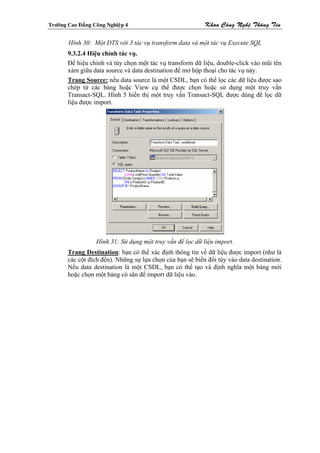 Tröôøng Cao Ñaúng Coâng Nghieäp 4                           Khoa Coâng Ngheä Thoâng Tin

        Hình 30: Một DTS với 3 tác vụ transform data và một tác vụ Execute SQL
        9.3.2.4 Hiệu chỉnh tác vụ.
        Để hiệu chỉnh và tùy chọn một tác vụ transform dữ liệu, double-click vào mũi tên
        xám giữa data source và data destination để mở hộp thoại cho tác vụ này.
        Trang Source: nếu data source là một CSDL, bạn có thể lọc các dữ liệu được sao
        chép từ các bảng hoặc View cụ thể được chọn hoặc sử dụng một truy vấn
        Transact-SQL. Hình 5 hiển thị một truy vấn Transact-SQL được dùng để lọc dữ
        liệu được import.




                   Hình 31: Sử dụng một truy vấn để lọc dữ liệu import.
        Trang Destination: bạn có thể xác định thông tin về dữ liệu được import (như là
        các cột đích đến). Những sự lựa chọn của bạn sẽ biến đổi tùy vào data destination.
        Nếu data destination là một CSDL, bạn có thể tạo và định nghĩa một bảng mới
        hoặc chọn một bảng có sẳn để import dữ liệu vào.
 