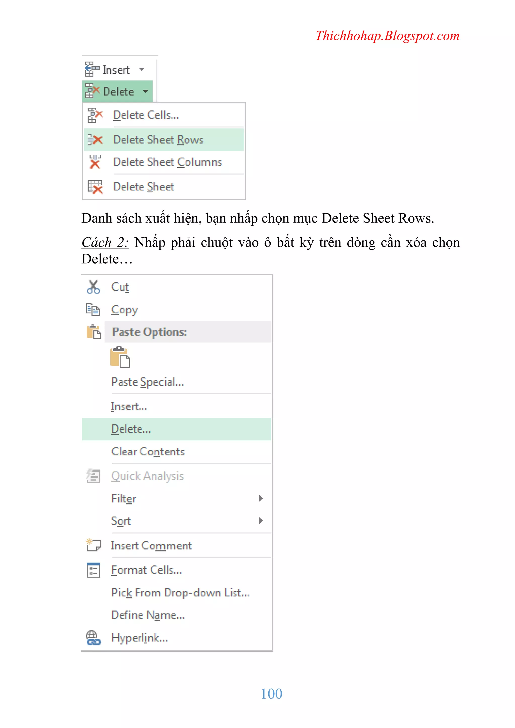 Thichhohap.Blogspot.com

Danh sách xuất hiện, bạn nhấp chọn mục Delete Sheet Rows.
Cách 2: Nhấp phải chuột vào ô bất kỳ trên dòng cần xóa chọn
Delete…

100

 