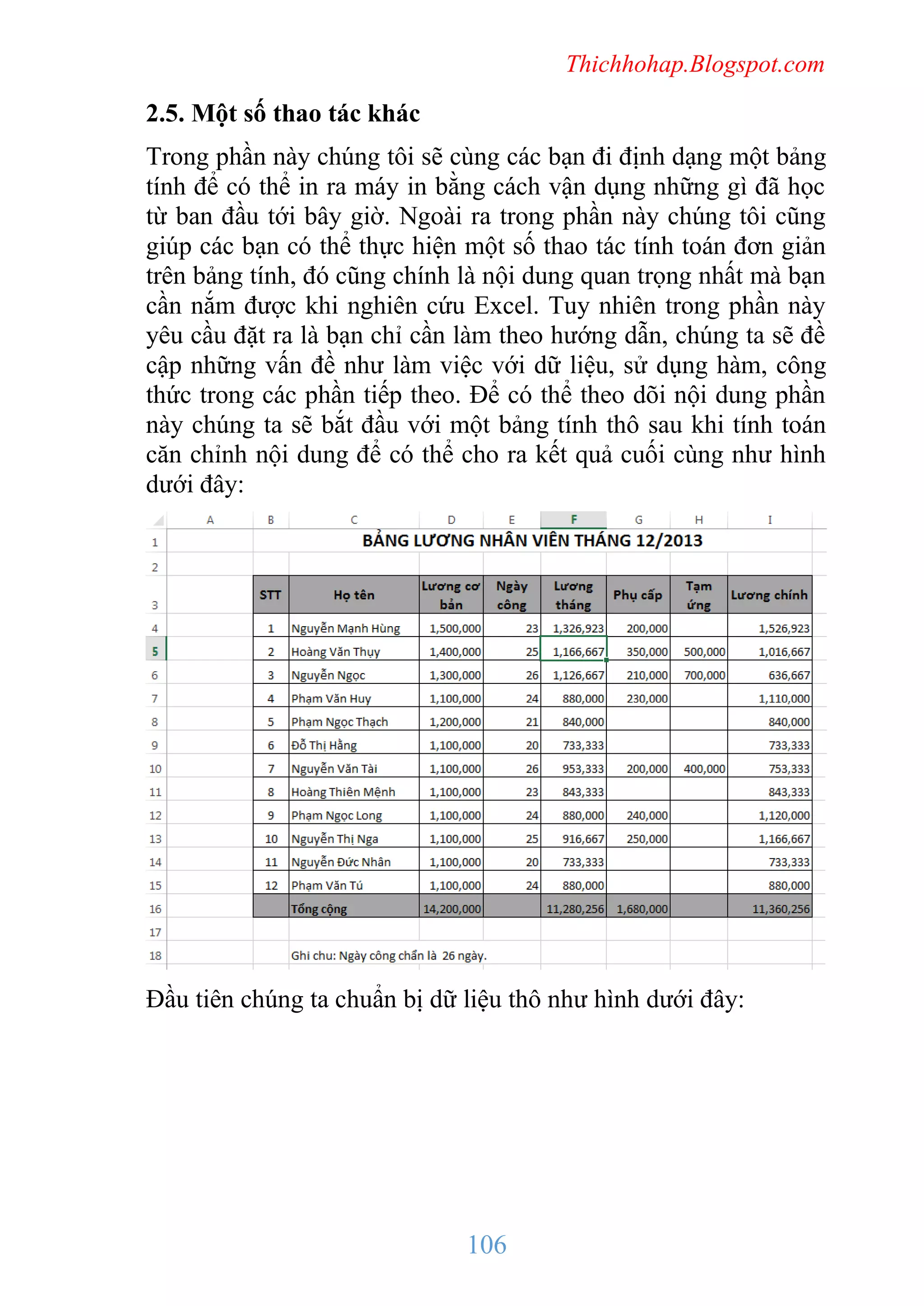 Thichhohap.Blogspot.com

2.5. Một số thao tác khác
Trong phần này chúng tôi sẽ cùng các bạn đi định dạng một bảng
tính để có thể in ra máy in bằng cách vận dụng những gì đã học
từ ban đầu tới bây giờ. Ngoài ra trong phần này chúng tôi cũng
giúp các bạn có thể thực hiện một số thao tác tính toán đơn giản
trên bảng tính, đó cũng chính là nội dung quan trọng nhất mà bạn
cần nắm được khi nghiên cứu Excel. Tuy nhiên trong phần này
yêu cầu đặt ra là bạn chỉ cần làm theo hướng dẫn, chúng ta sẽ đề
cập những vấn đề như làm việc với dữ liệu, sử dụng hàm, công
thức trong các phần tiếp theo. Để có thể theo dõi nội dung phần
này chúng ta sẽ bắt đầu với một bảng tính thô sau khi tính toán
căn chỉnh nội dung để có thể cho ra kết quả cuối cùng như hình
dưới đây:

Đầu tiên chúng ta chuẩn bị dữ liệu thô như hình dưới đây:

106

 