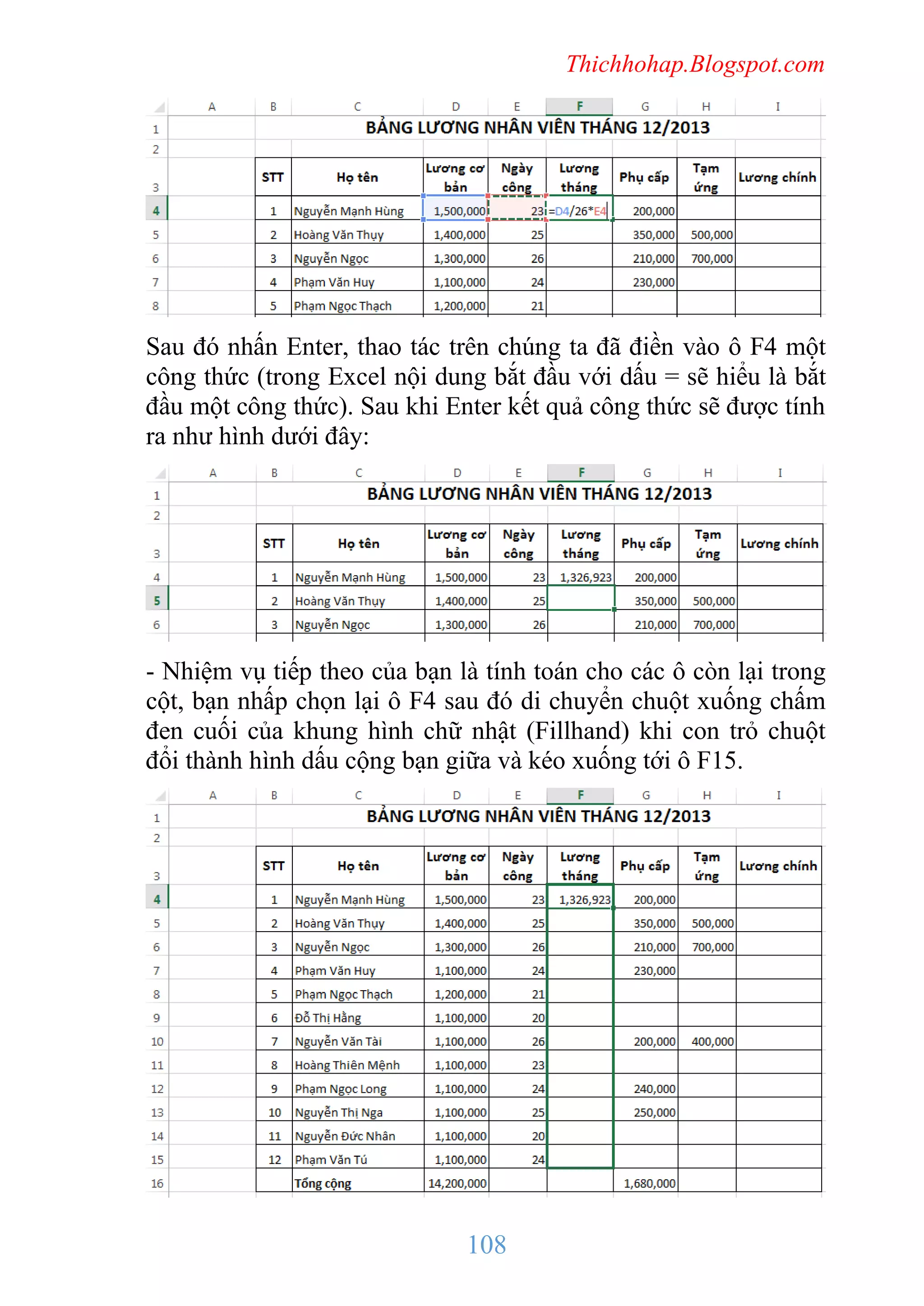 Thichhohap.Blogspot.com

Sau đó nhấn Enter, thao tác trên chúng ta đã điền vào ô F4 một
công thức (trong Excel nội dung bắt đầu với dấu = sẽ hiểu là bắt
đầu một công thức). Sau khi Enter kết quả công thức sẽ được tính
ra như hình dưới đây:

- Nhiệm vụ tiếp theo của bạn là tính toán cho các ô còn lại trong
cột, bạn nhấp chọn lại ô F4 sau đó di chuyển chuột xuống chấm
đen cuối của khung hình chữ nhật (Fillhand) khi con trỏ chuột
đổi thành hình dấu cộng bạn giữa và kéo xuống tới ô F15.

108

 