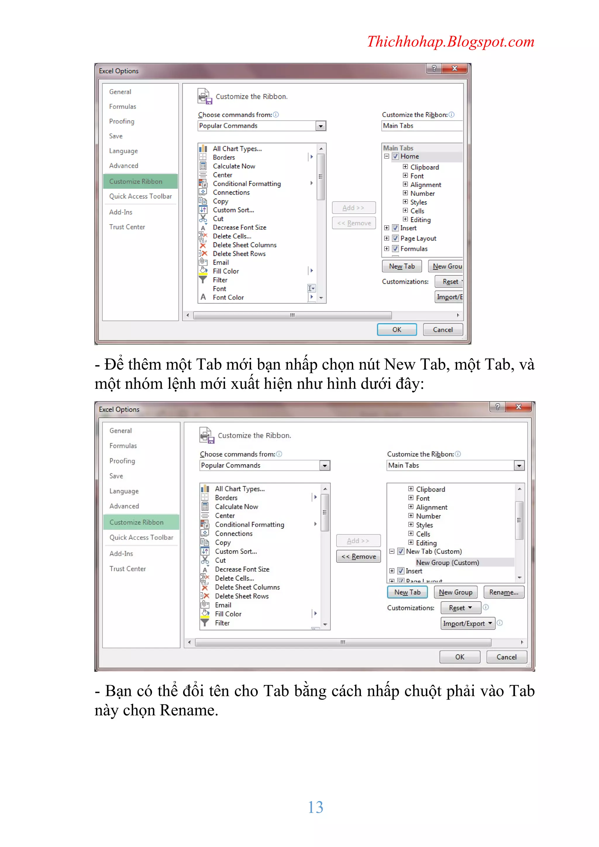Thichhohap.Blogspot.com

- Để thêm một Tab mới bạn nhấp chọn nút New Tab, một Tab, và
một nhóm lệnh mới xuất hiện như hình dưới đây:

- Bạn có thể đổi tên cho Tab bằng cách nhấp chuột phải vào Tab
này chọn Rename.

13

 