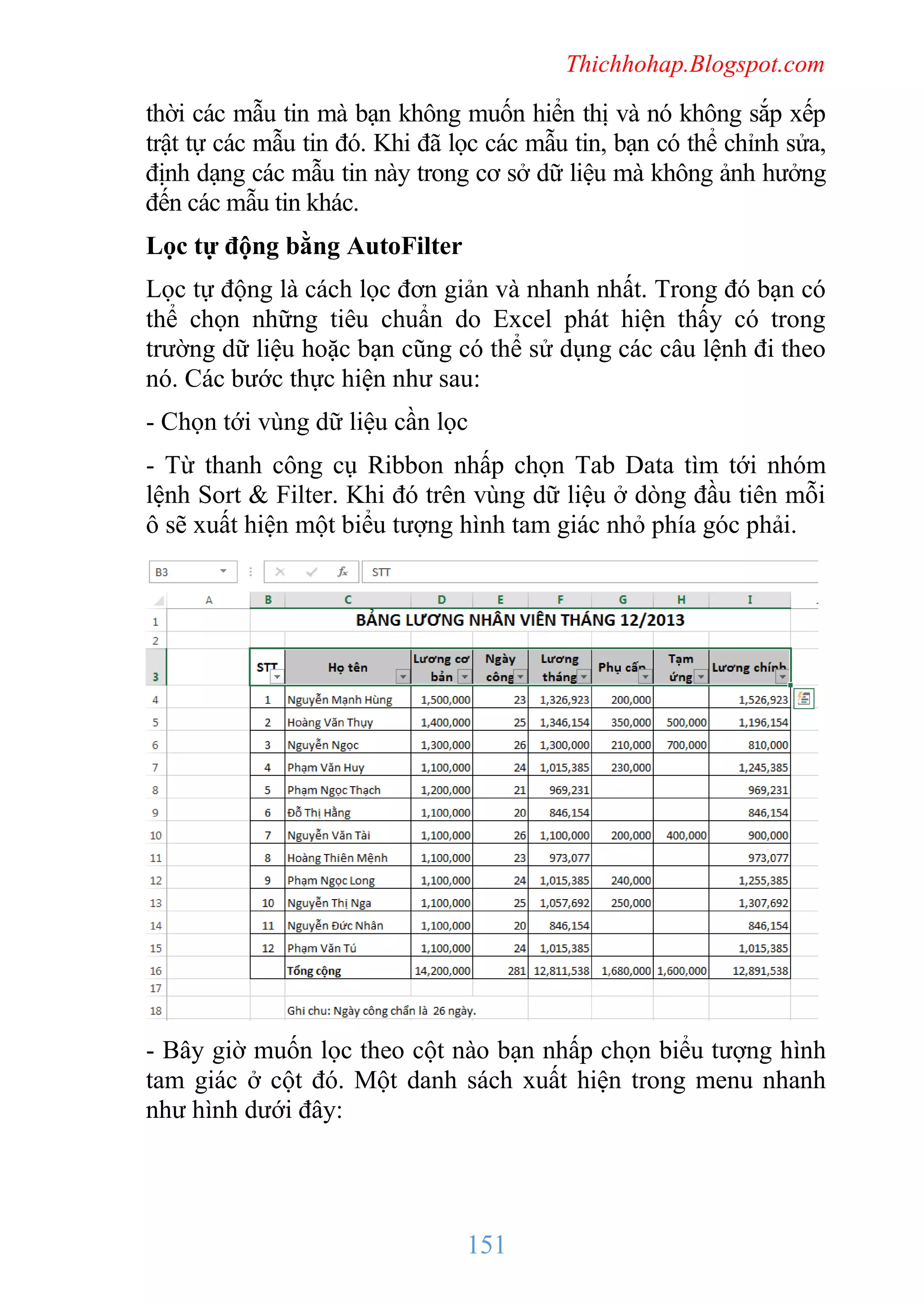 Thichhohap.Blogspot.com

thời các mẫu tin mà bạn không muốn hiển thị và nó không sắp xếp
trật tự các mẫu tin đó. Khi đã lọc các mẫu tin, bạn có thể chỉnh sửa,
định dạng các mẫu tin này trong cơ sở dữ liệu mà không ảnh hưởng
đến các mẫu tin khác.
Lọc tự động bằng AutoFilter
Lọc tự động là cách lọc đơn giản và nhanh nhất. Trong đó bạn có
thể chọn những tiêu chuẩn do Excel phát hiện thấy có trong
trường dữ liệu hoặc bạn cũng có thể sử dụng các câu lệnh đi theo
nó. Các bước thực hiện như sau:
- Chọn tới vùng dữ liệu cần lọc
- Từ thanh công cụ Ribbon nhấp chọn Tab Data tìm tới nhóm
lệnh Sort & Filter. Khi đó trên vùng dữ liệu ở dòng đầu tiên mỗi
ô sẽ xuất hiện một biểu tượng hình tam giác nhỏ phía góc phải.

- Bây giờ muốn lọc theo cột nào bạn nhấp chọn biểu tượng hình
tam giác ở cột đó. Một danh sách xuất hiện trong menu nhanh
như hình dưới đây:

151

 