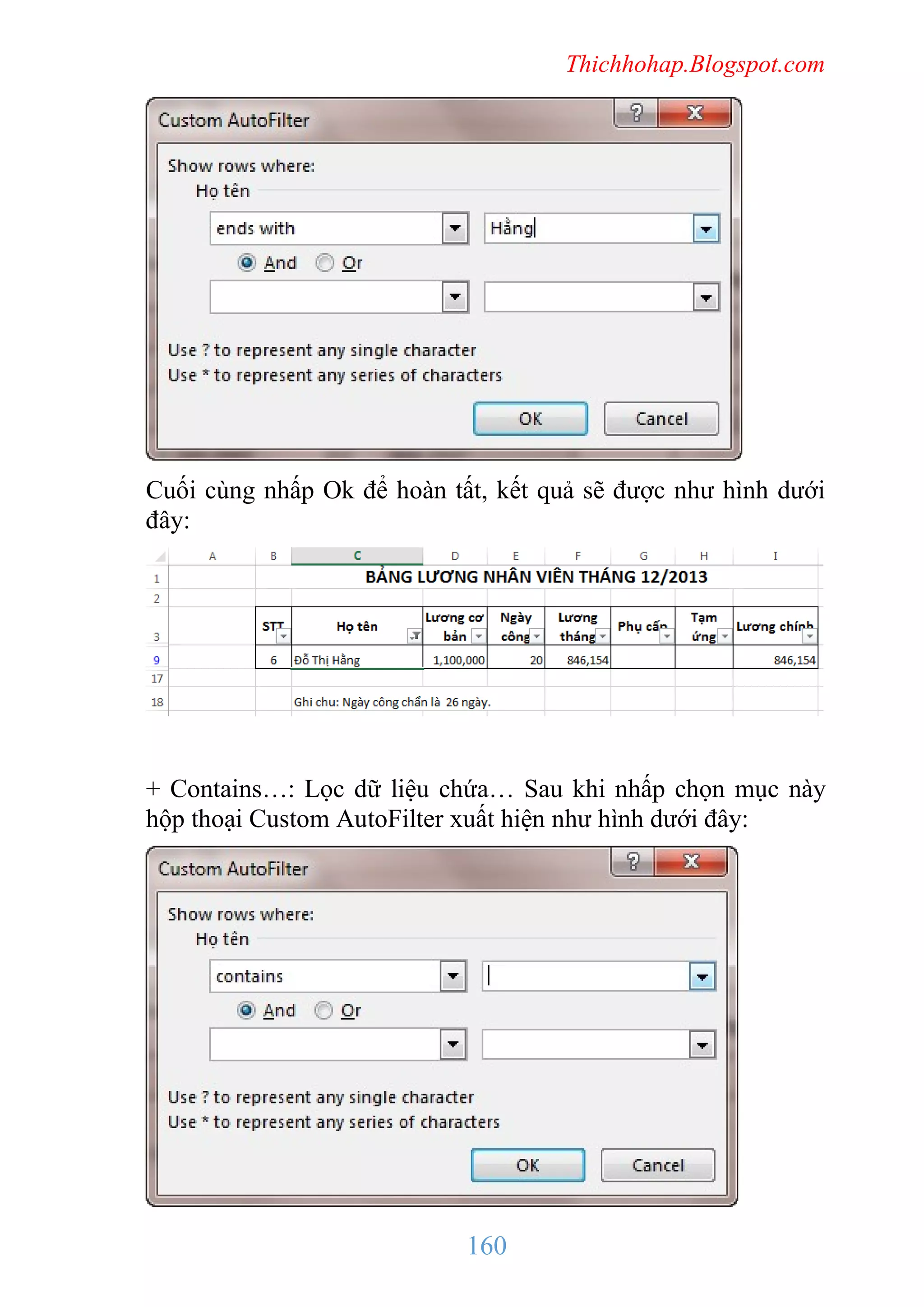 Thichhohap.Blogspot.com

Cuối cùng nhấp Ok để hoàn tất, kết quả sẽ được như hình dưới
đây:

+ Contains…: Lọc dữ liệu chứa… Sau khi nhấp chọn mục này
hộp thoại Custom AutoFilter xuất hiện như hình dưới đây:

160

 