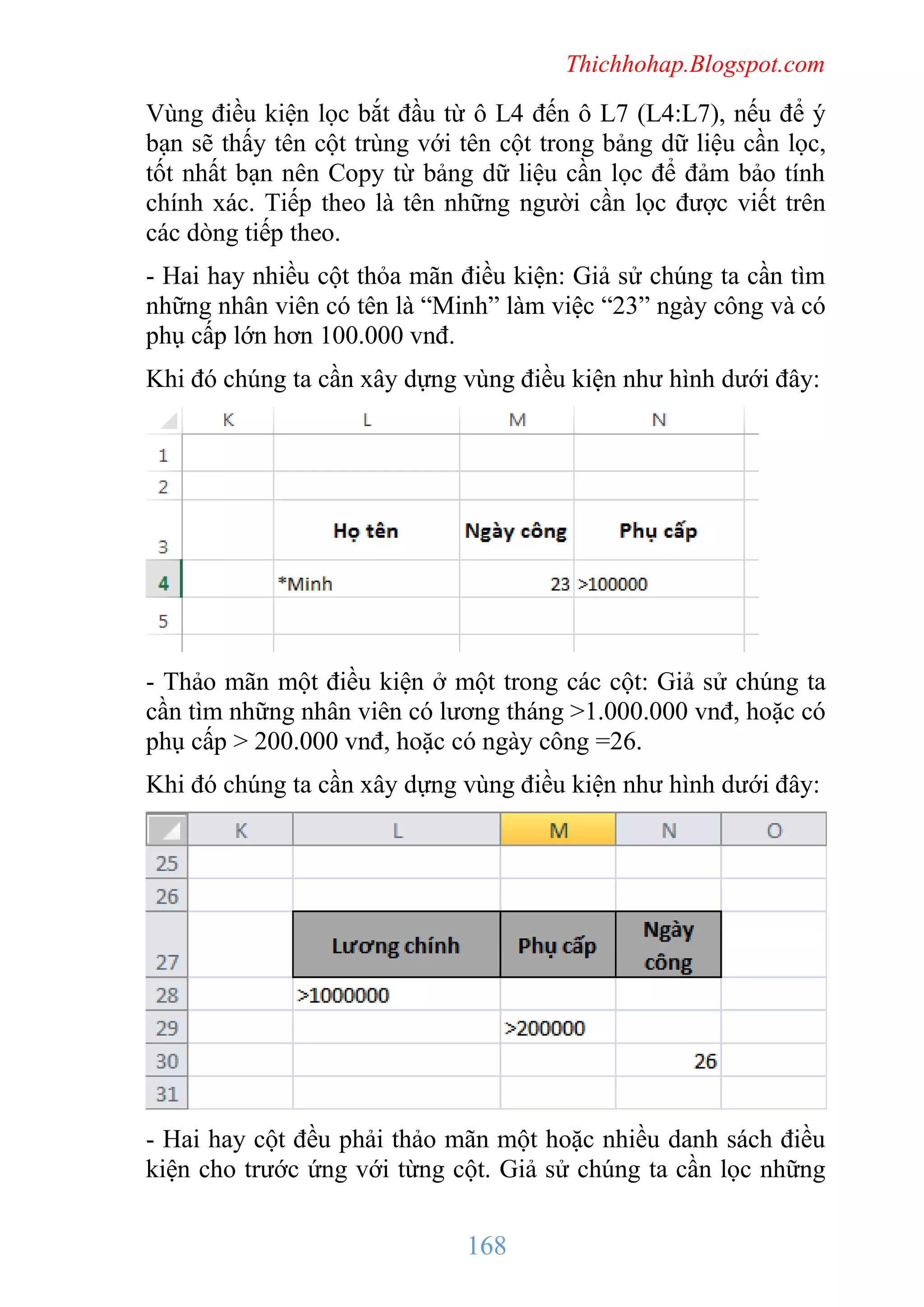 Thichhohap.Blogspot.com

Vùng điều kiện lọc bắt đầu từ ô L4 đến ô L7 (L4:L7), nếu để ý
bạn sẽ thấy tên cột trùng với tên cột trong bảng dữ liệu cần lọc,
tốt nhất bạn nên Copy từ bảng dữ liệu cần lọc để đảm bảo tính
chính xác. Tiếp theo là tên những người cần lọc được viết trên
các dòng tiếp theo.
- Hai hay nhiều cột thỏa mãn điều kiện: Giả sử chúng ta cần tìm
những nhân viên có tên là “Minh” làm việc “23” ngày công và có
phụ cấp lớn hơn 100.000 vnđ.
Khi đó chúng ta cần xây dựng vùng điều kiện như hình dưới đây:

- Thảo mãn một điều kiện ở một trong các cột: Giả sử chúng ta
cần tìm những nhân viên có lương tháng >1.000.000 vnđ, hoặc có
phụ cấp > 200.000 vnđ, hoặc có ngày công =26.
Khi đó chúng ta cần xây dựng vùng điều kiện như hình dưới đây:

- Hai hay cột đều phải thảo mãn một hoặc nhiều danh sách điều
kiện cho trước ứng với từng cột. Giả sử chúng ta cần lọc những

168

 