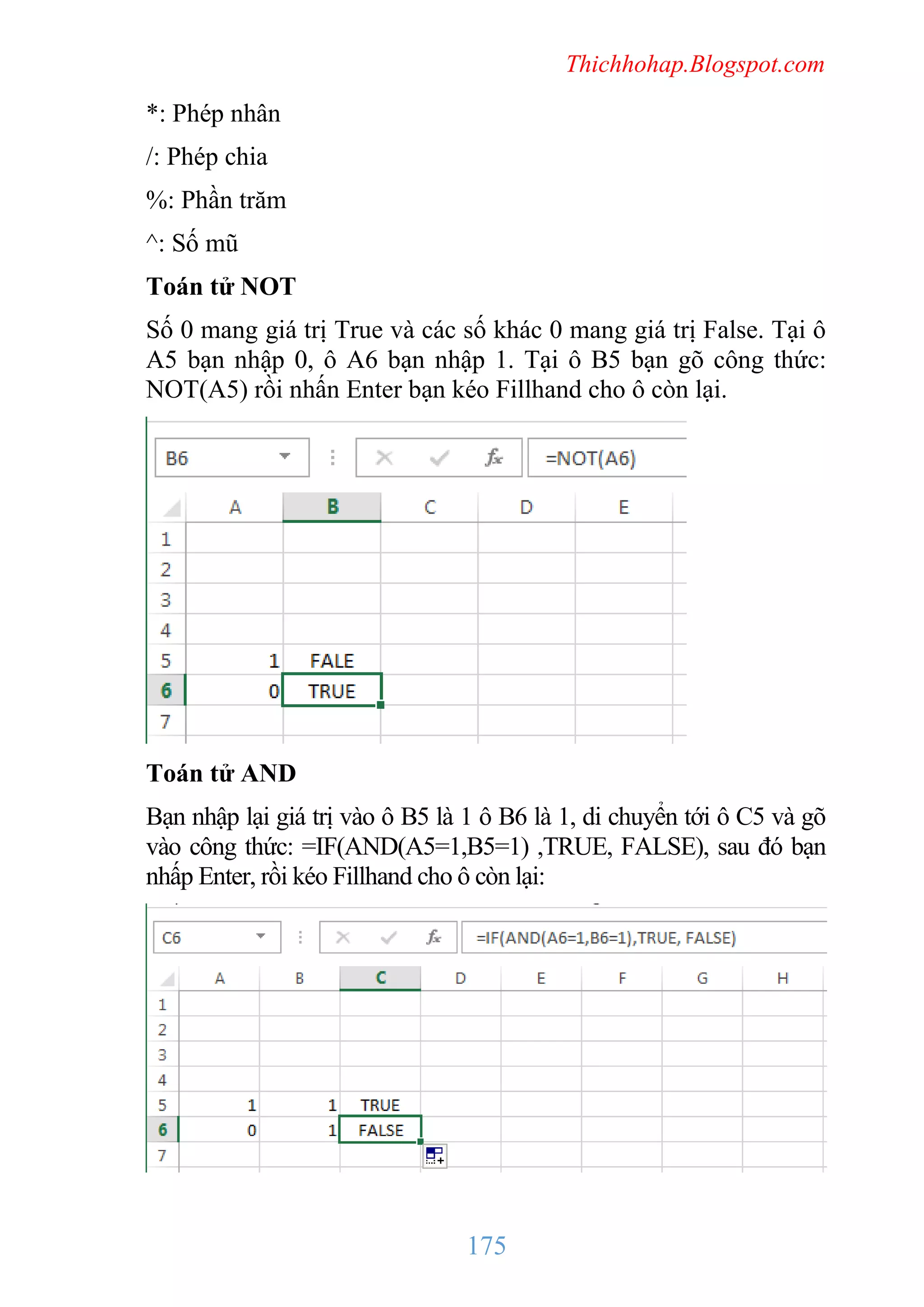 Thichhohap.Blogspot.com

*: Phép nhân
/: Phép chia
%: Phần trăm
^: Số mũ
Toán tử NOT
Số 0 mang giá trị True và các số khác 0 mang giá trị False. Tại ô
A5 bạn nhập 0, ô A6 bạn nhập 1. Tại ô B5 bạn gõ công thức:
NOT(A5) rồi nhấn Enter bạn kéo Fillhand cho ô còn lại.

Toán tử AND
Bạn nhập lại giá trị vào ô B5 là 1 ô B6 là 1, di chuyển tới ô C5 và gõ
vào công thức: =IF(AND(A5=1,B5=1) ,TRUE, FALSE), sau đó bạn
nhấp Enter, rồi kéo Fillhand cho ô còn lại:

175

 