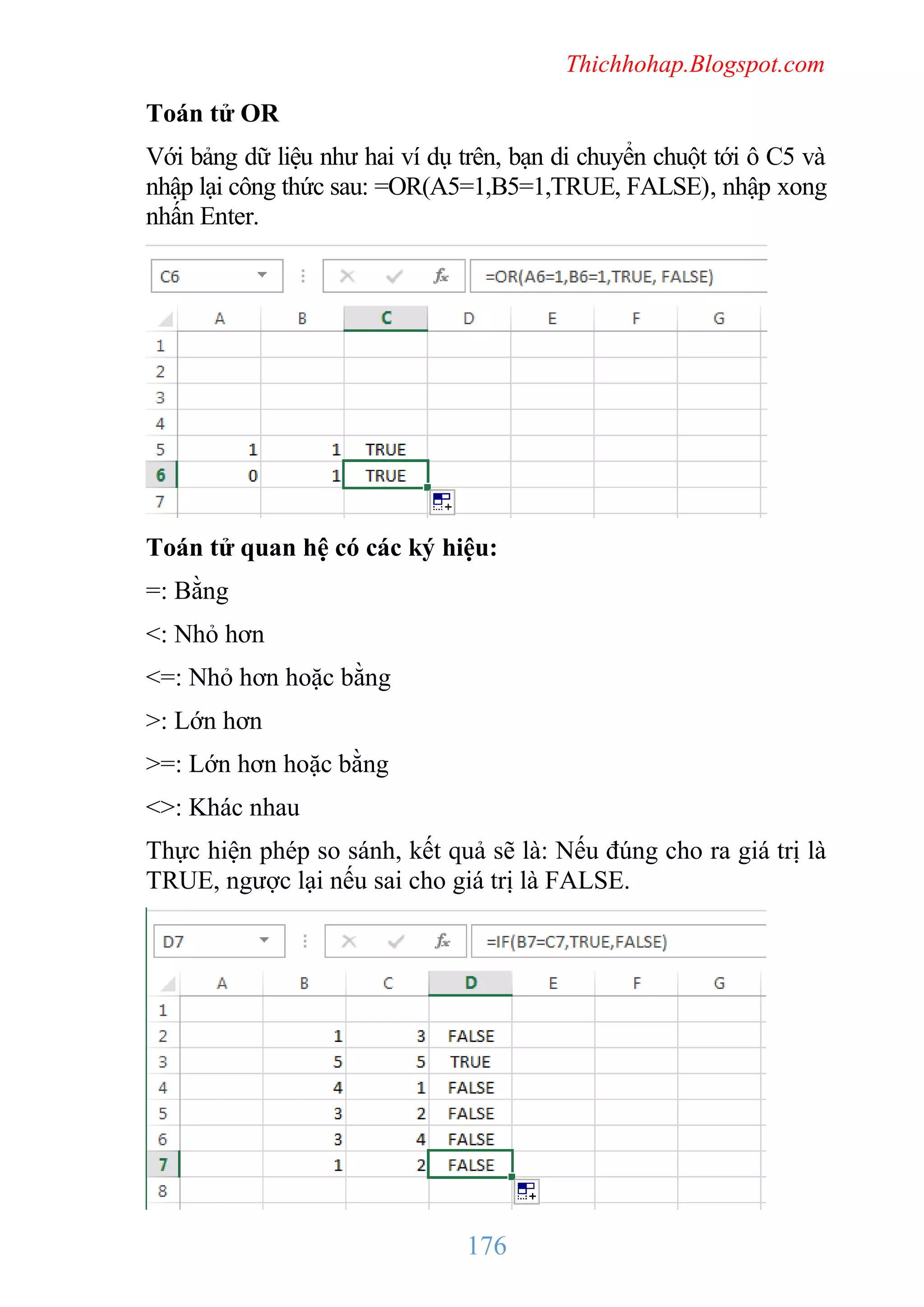 Thichhohap.Blogspot.com

Toán tử OR
Với bảng dữ liệu như hai ví dụ trên, bạn di chuyển chuột tới ô C5 và
nhập lại công thức sau: =OR(A5=1,B5=1,TRUE, FALSE), nhập xong
nhấn Enter.

Toán tử quan hệ có các ký hiệu:
=: Bằng
<: Nhỏ hơn
<=: Nhỏ hơn hoặc bằng
>: Lớn hơn
>=: Lớn hơn hoặc bằng
<>: Khác nhau
Thực hiện phép so sánh, kết quả sẽ là: Nếu đúng cho ra giá trị là
TRUE, ngược lại nếu sai cho giá trị là FALSE.

176

 