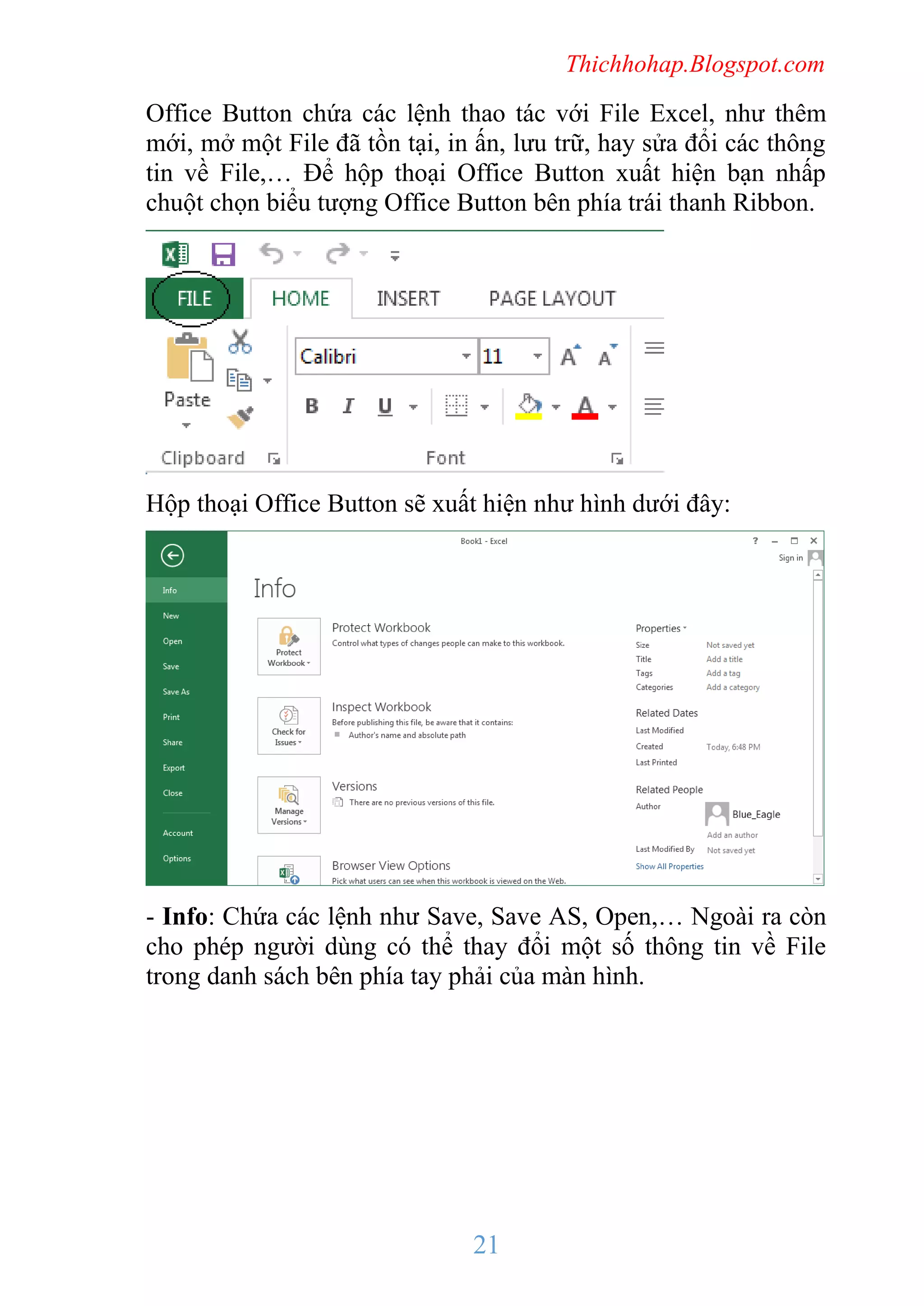 Thichhohap.Blogspot.com

Office Button chứa các lệnh thao tác với File Excel, như thêm
mới, mở một File đã tồn tại, in ấn, lưu trữ, hay sửa đổi các thông
tin về File,… Để hộp thoại Office Button xuất hiện bạn nhấp
chuột chọn biểu tượng Office Button bên phía trái thanh Ribbon.

Hộp thoại Office Button sẽ xuất hiện như hình dưới đây:

- Info: Chứa các lệnh như Save, Save AS, Open,… Ngoài ra còn
cho phép người dùng có thể thay đổi một số thông tin về File
trong danh sách bên phía tay phải của màn hình.

21

 