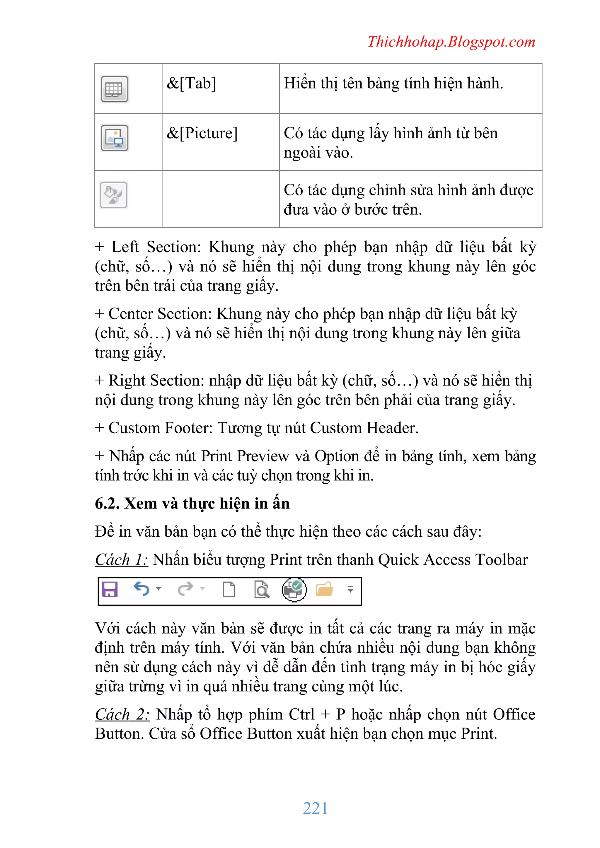 Thichhohap.Blogspot.com

&[Tab]

Hiển thị tên bảng tính hiện hành.

&[Picture]

Có tác dụng lấy hình ảnh từ bên
ngoài vào.
Có tác dụng chỉnh sửa hình ảnh được
đưa vào ở bước trên.

+ Left Section: Khung này cho phép bạn nhập dữ liệu bất kỳ
(chữ, số…) và nó sẽ hiển thị nội dung trong khung này lên góc
trên bên trái của trang giấy.
+ Center Section: Khung này cho phép bạn nhập dữ liệu bất kỳ
(chữ, số…) và nó sẽ hiển thị nội dung trong khung này lên giữa
trang giấy.
+ Right Section: nhập dữ liệu bất kỳ (chữ, số…) và nó sẽ hiển thị
nội dung trong khung này lên góc trên bên phải của trang giấy.
+ Custom Footer: Tương tự nút Custom Header.
+ Nhấp các nút Print Preview và Option để in bảng tính, xem bảng
tính trớc khi in và các tuỳ chọn trong khi in.
6.2. Xem và thực hiện in ấn
Để in văn bản bạn có thể thực hiện theo các cách sau đây:
Cách 1: Nhấn biểu tượng Print trên thanh Quick Access Toolbar

Với cách này văn bản sẽ được in tất cả các trang ra máy in mặc
định trên máy tính. Với văn bản chứa nhiều nội dung bạn không
nên sử dụng cách này vì dễ dẫn đến tình trạng máy in bị hóc giấy
giữa trừng vì in quá nhiều trang cùng một lúc.
Cách 2: Nhấp tổ hợp phím Ctrl + P hoặc nhấp chọn nút Office
Button. Cửa sổ Office Button xuất hiện bạn chọn mục Print.

221

 