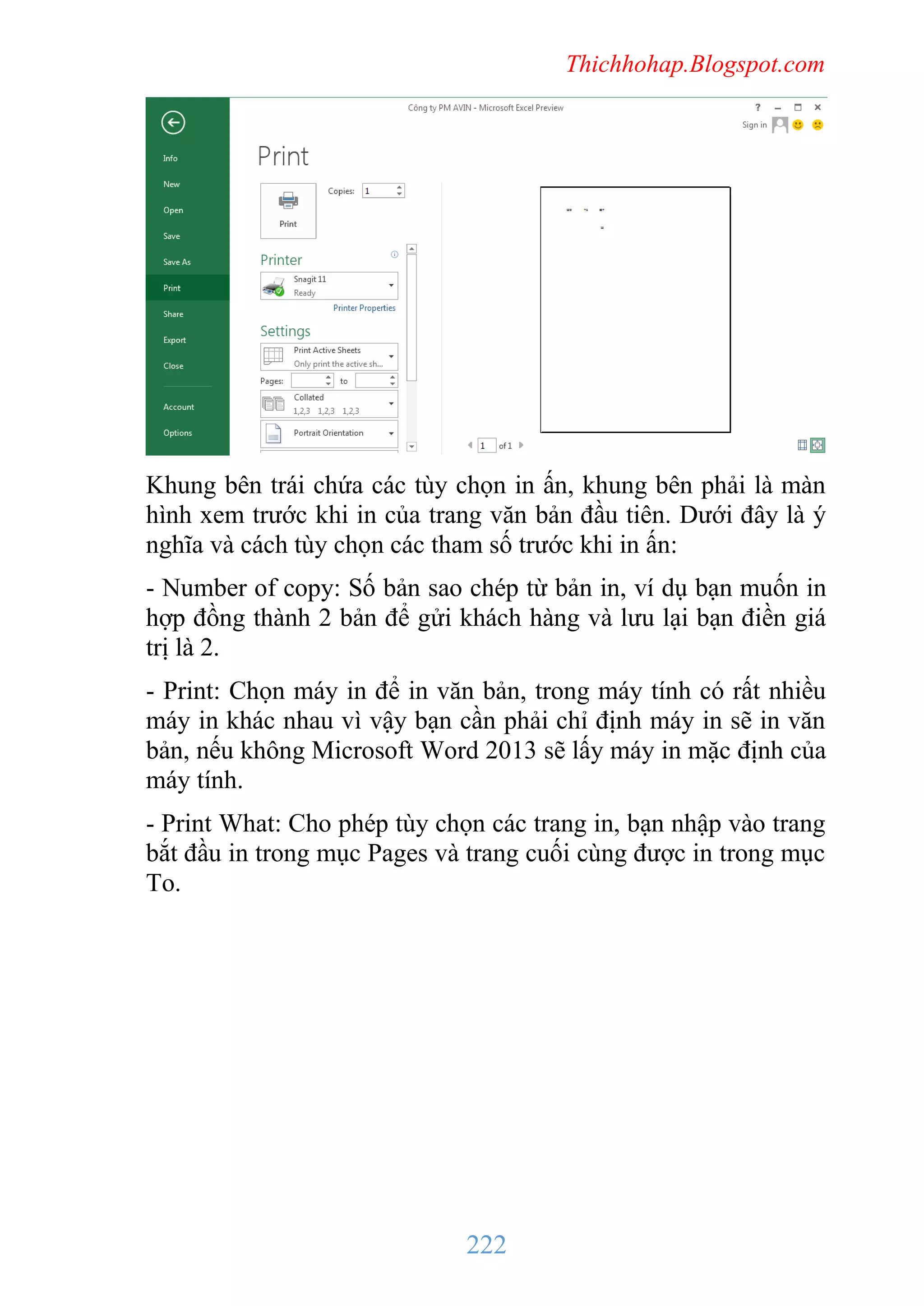 Thichhohap.Blogspot.com

Khung bên trái chứa các tùy chọn in ấn, khung bên phải là màn
hình xem trước khi in của trang văn bản đầu tiên. Dưới đây là ý
nghĩa và cách tùy chọn các tham số trước khi in ấn:
- Number of copy: Số bản sao chép từ bản in, ví dụ bạn muốn in
hợp đồng thành 2 bản để gửi khách hàng và lưu lại bạn điền giá
trị là 2.
- Print: Chọn máy in để in văn bản, trong máy tính có rất nhiều
máy in khác nhau vì vậy bạn cần phải chỉ định máy in sẽ in văn
bản, nếu không Microsoft Word 2013 sẽ lấy máy in mặc định của
máy tính.
- Print What: Cho phép tùy chọn các trang in, bạn nhập vào trang
bắt đầu in trong mục Pages và trang cuối cùng được in trong mục
To.

222

 