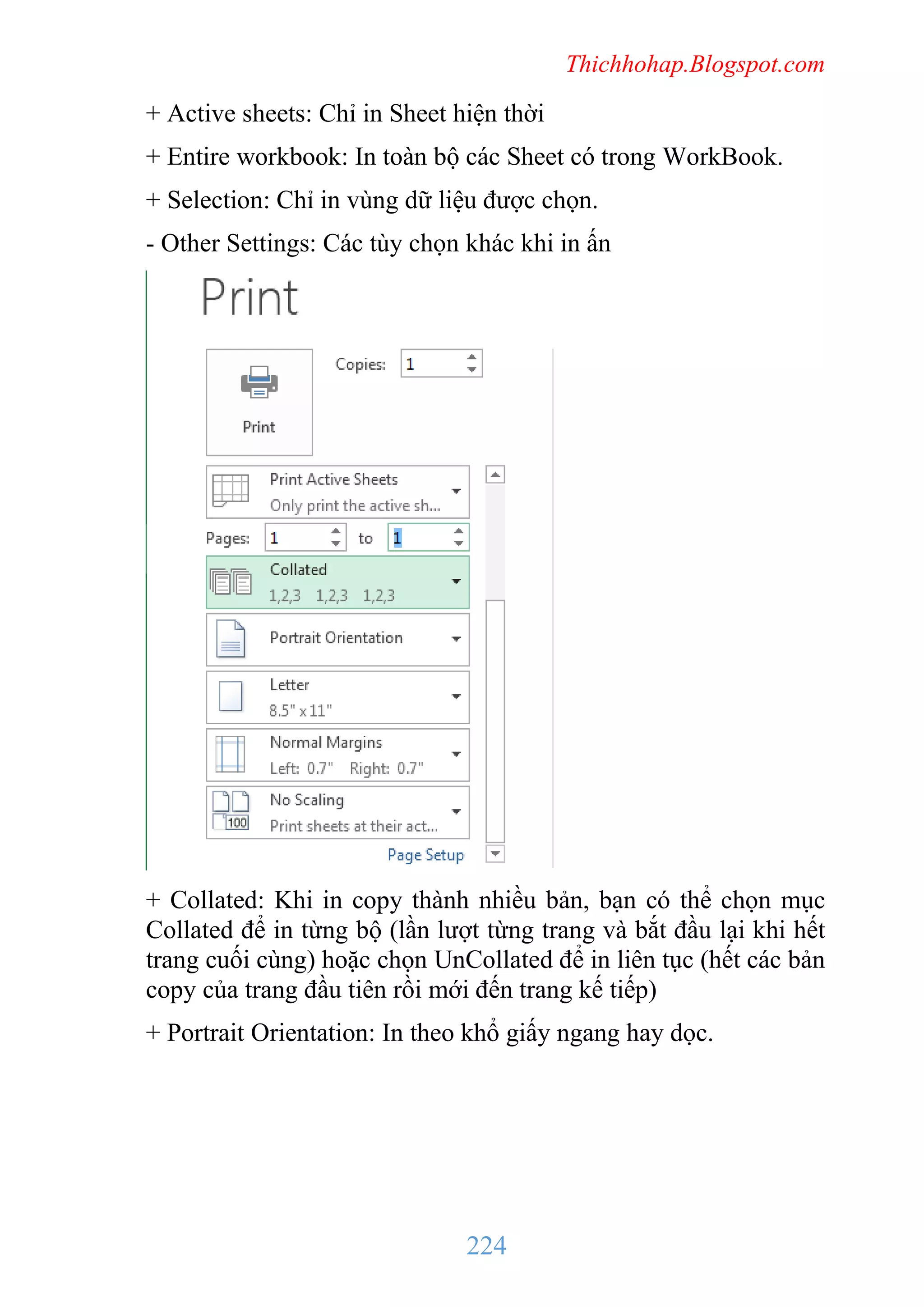 Thichhohap.Blogspot.com

+ Active sheets: Chỉ in Sheet hiện thời
+ Entire workbook: In toàn bộ các Sheet có trong WorkBook.
+ Selection: Chỉ in vùng dữ liệu được chọn.
- Other Settings: Các tùy chọn khác khi in ấn

+ Collated: Khi in copy thành nhiều bản, bạn có thể chọn mục
Collated để in từng bộ (lần lượt từng trang và bắt đầu lại khi hết
trang cuối cùng) hoặc chọn UnCollated để in liên tục (hết các bản
copy của trang đầu tiên rồi mới đến trang kế tiếp)
+ Portrait Orientation: In theo khổ giấy ngang hay dọc.

224

 