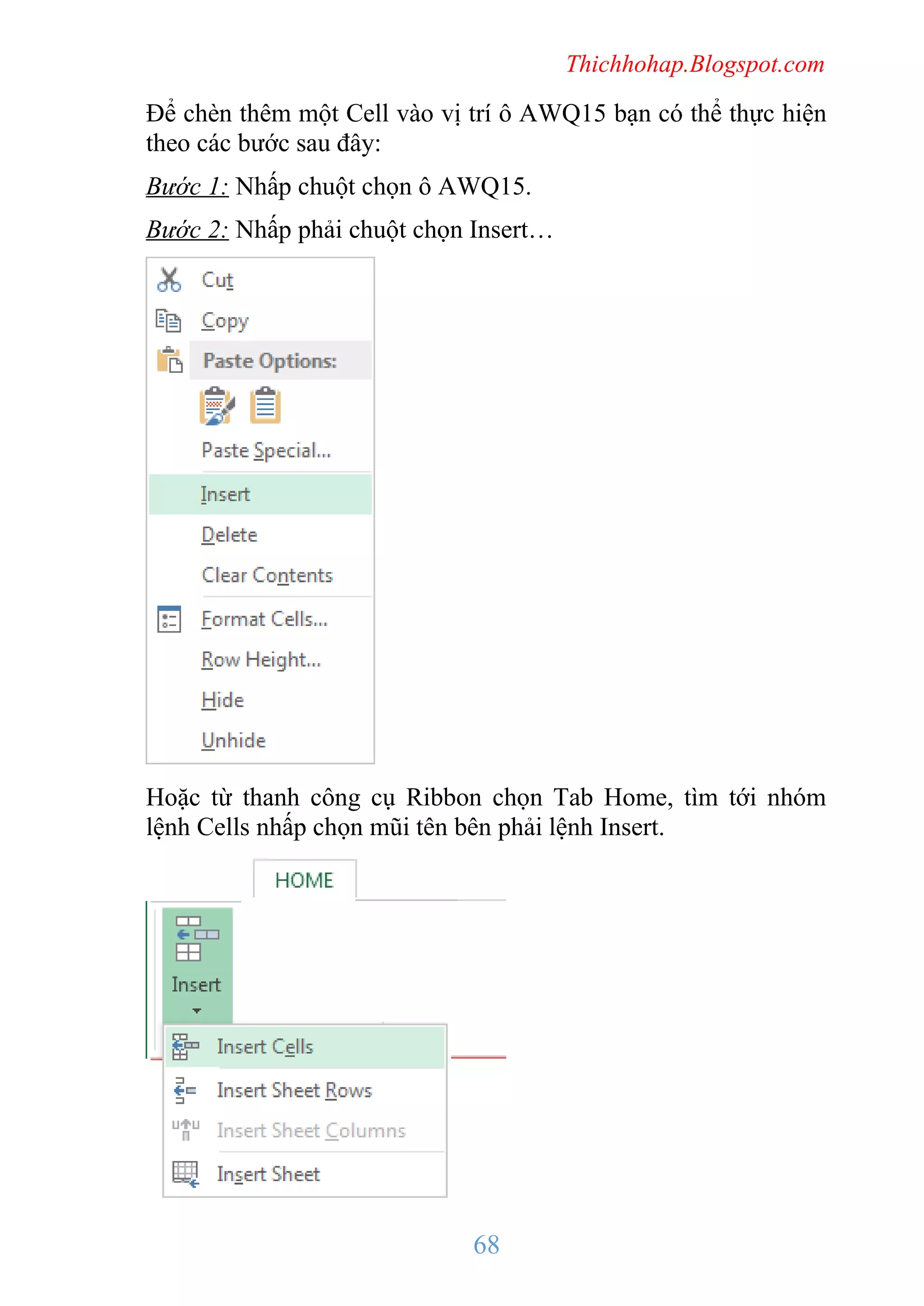 Thichhohap.Blogspot.com

Để chèn thêm một Cell vào vị trí ô AWQ15 bạn có thể thực hiện
theo các bước sau đây:
Bước 1: Nhấp chuột chọn ô AWQ15.
Bước 2: Nhấp phải chuột chọn Insert…

Hoặc từ thanh công cụ Ribbon chọn Tab Home, tìm tới nhóm
lệnh Cells nhấp chọn mũi tên bên phải lệnh Insert.

68

 