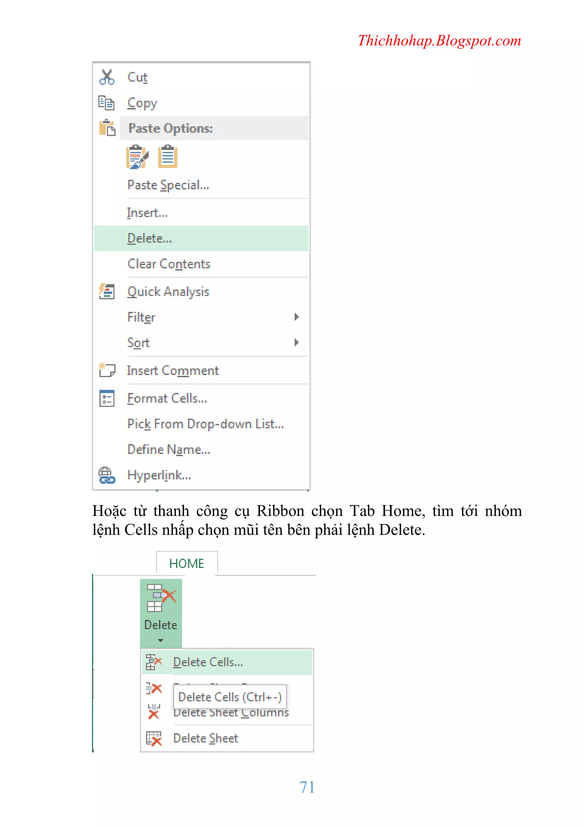 Thichhohap.Blogspot.com

Hoặc từ thanh công cụ Ribbon chọn Tab Home, tìm tới nhóm
lệnh Cells nhấp chọn mũi tên bên phải lệnh Delete.

71

 
