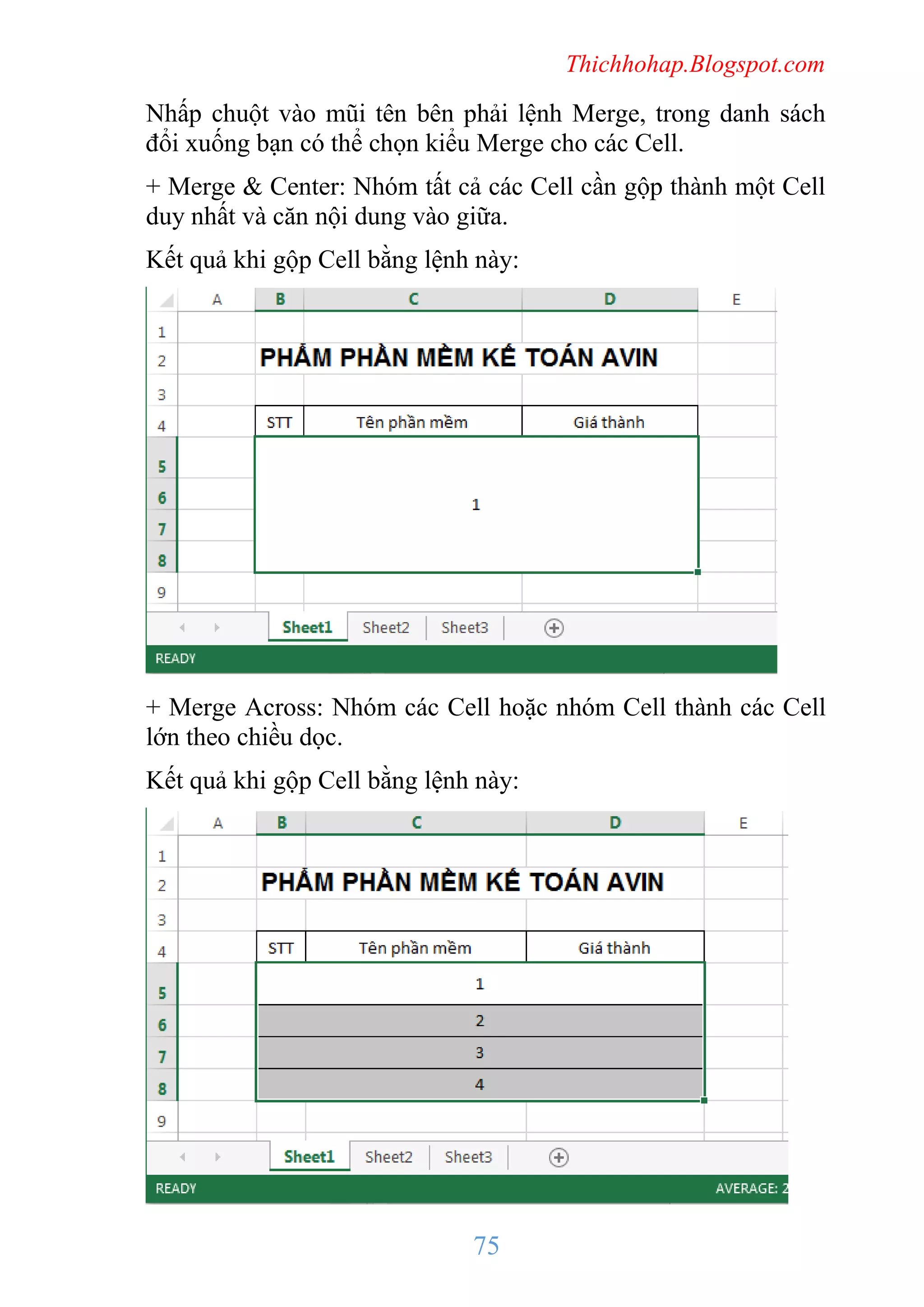 Thichhohap.Blogspot.com

Nhấp chuột vào mũi tên bên phải lệnh Merge, trong danh sách
đổi xuống bạn có thể chọn kiểu Merge cho các Cell.
+ Merge & Center: Nhóm tất cả các Cell cần gộp thành một Cell
duy nhất và căn nội dung vào giữa.
Kết quả khi gộp Cell bằng lệnh này:

+ Merge Across: Nhóm các Cell hoặc nhóm Cell thành các Cell
lớn theo chiều dọc.
Kết quả khi gộp Cell bằng lệnh này:

75

 