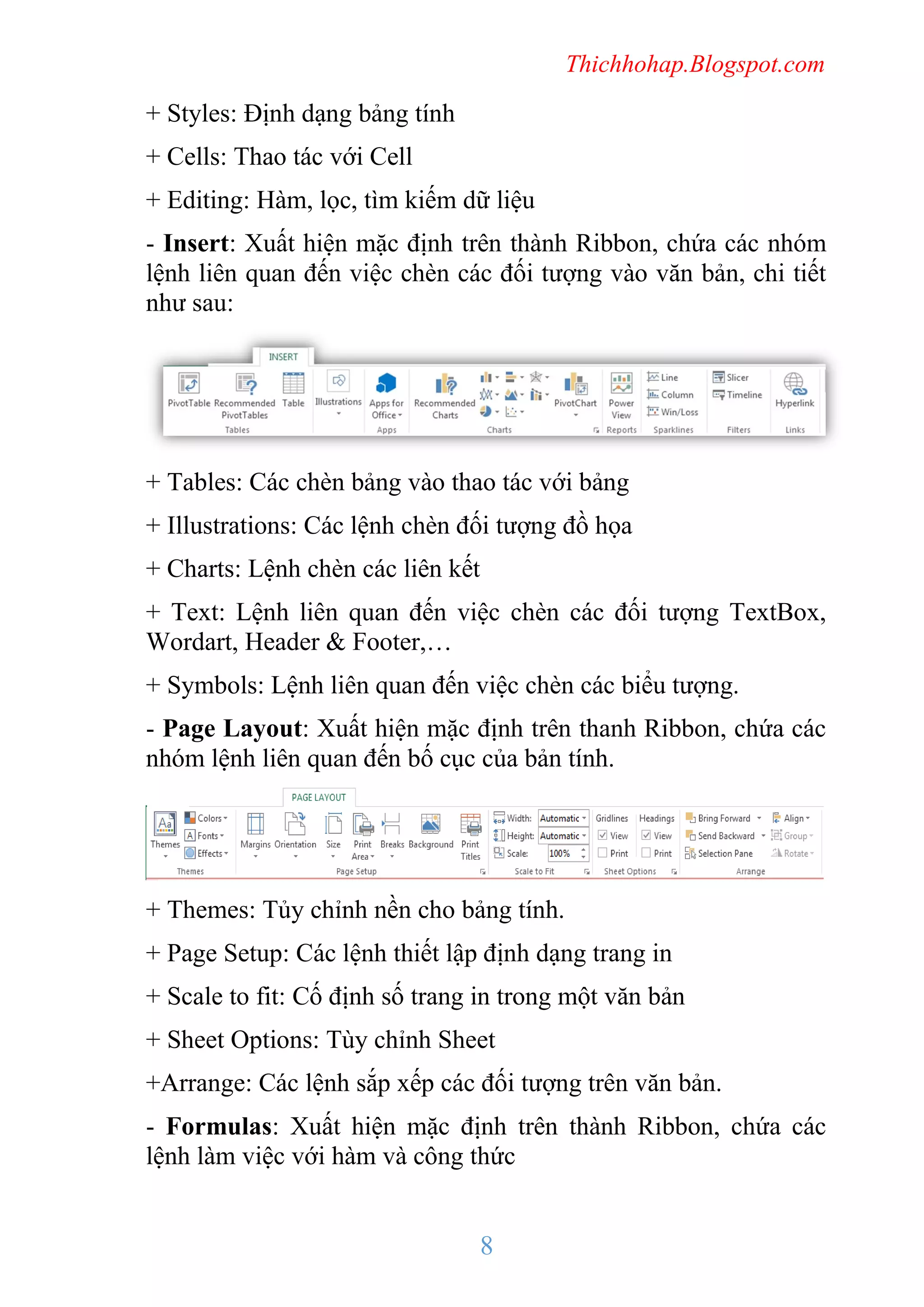 Thichhohap.Blogspot.com

+ Styles: Định dạng bảng tính
+ Cells: Thao tác với Cell
+ Editing: Hàm, lọc, tìm kiếm dữ liệu
- Insert: Xuất hiện mặc định trên thành Ribbon, chứa các nhóm
lệnh liên quan đến việc chèn các đối tượng vào văn bản, chi tiết
như sau:

+ Tables: Các chèn bảng vào thao tác với bảng
+ Illustrations: Các lệnh chèn đối tượng đồ họa
+ Charts: Lệnh chèn các liên kết
+ Text: Lệnh liên quan đến việc chèn các đối tượng TextBox,
Wordart, Header & Footer,…
+ Symbols: Lệnh liên quan đến việc chèn các biểu tượng.
- Page Layout: Xuất hiện mặc định trên thanh Ribbon, chứa các
nhóm lệnh liên quan đến bố cục của bản tính.

+ Themes: Tủy chỉnh nền cho bảng tính.
+ Page Setup: Các lệnh thiết lập định dạng trang in
+ Scale to fit: Cố định số trang in trong một văn bản
+ Sheet Options: Tùy chỉnh Sheet
+Arrange: Các lệnh sắp xếp các đối tượng trên văn bản.
- Formulas: Xuất hiện mặc định trên thành Ribbon, chứa các
lệnh làm việc với hàm và công thức

8

 