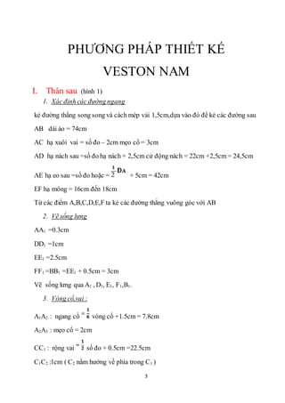 3
PHƯƠNG PHÁP THIẾT KẾ
VESTON NAM
I. Thân sau (hình 1)
1. Xác định các đường ngang
kẻ đường thẳng song song và cách mép vả...