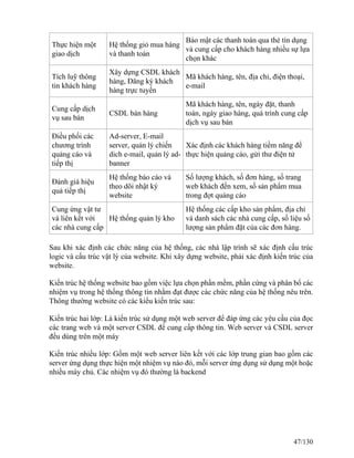 Thực hiện một 
giao dịch 
Hệ thống giỏ mua hàng 
và thanh toán 
Bảo mật các thanh toán qua thẻ tín dụng 
và cung cấp cho khách hàng nhiều sự lựa 
chọn khác 
Tích luỹ thông 
tin khách hàng 
Xây dựng CSDL khách 
hàng, Đăng ký khách 
hàng trực tuyến 
Mã khách hàng, tên, địa chỉ, điện thoại, 
e-mail 
Cung cấp dịch 
vụ sau bán CSDL bán hàng 
Mã khách hàng, tên, ngày đặt, thanh 
toán, ngày giao hàng, quá trình cung cấp 
dịch vụ sau bán 
Điều phối các 
chương trình 
quảng cáo và 
tiếp thị 
Ad-server, E-mail 
server, quản lý chiến 
dich e-mail, quản lý ad-banner 
Xác định các khách hàng tiềm năng để 
thực hiện quảng cáo, gửi thư điện tử 
Đánh giá hiệu 
quả tiếp thị 
Hệ thống báo cáo và 
theo dõi nhật ký 
website 
Số lượng khách, số đơn hàng, số trang 
web khách đến xem, số sản phẩm mua 
trong đợt quảng cáo 
Cung ứng vật tư 
và liên kết với 
các nhà cung cấp 
Hệ thống quản lý kho 
Hệ thống các cấp kho sản phẩm, địa chỉ 
và danh sách các nhà cung cấp, số liệu số 
lượng sản phẩm đặt của các đơn hàng. 
Sau khi xác định các chức năng của hệ thống, các nhà lập trình sẽ xác định cấu trúc 
logic và cấu trúc vật lý của website. Khi xây dựng website, phải xác định kiến trúc của 
website. 
Kiến trúc hệ thống website bao gồm việc lựa chọn phần mềm, phần cứng và phân bổ các 
nhiệm vụ trong hệ thống thông tin nhằm đạt được các chức năng của hệ thống nêu trên. 
Thông thường website có các kiểu kiến trúc sau: 
Kiến trúc hai lớp: Là kiến trúc sử dụng một web server để đáp ứng các yêu cầu của đọc 
các trang web và một server CSDL để cung cấp thông tin. Web server và CSDL server 
đều dùng trên một máy 
Kiến trúc nhiều lớp: Gồm một web server liên kết với các lớp trung gian bao gồm các 
server ứng dụng thực hiện một nhiệm vụ nào đó, mỗi server ứng dụng sử dụng một hoặc 
nhiều máy chủ. Các nhiệm vụ đó thường là backend 
47/130 
 
