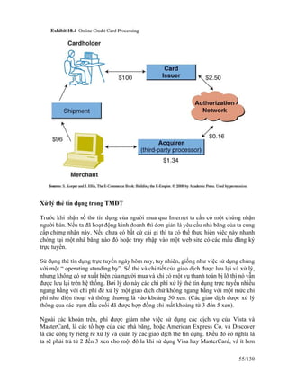 Xử lý thẻ tín dụng trong TMĐT 
Trước khi nhận số thẻ tín dụng của người mua qua Internet ta cần có một chứng nhận 
người bán. Nếu ta đã hoạt động kinh doanh thì đơn giản là yêu cầu nhà băng của ta cung 
cấp chứng nhận này. Nếu chưa có bất cứ cái gì thì ta có thể thực hiện việc này nhanh 
chóng tại một nhà băng nào đó hoặc truy nhập vào một web site có các mẫu đăng ký 
trực tuyến. 
Sử dụng thẻ tín dụng trực tuyến ngày hôm nay, tuy nhiên, giống như việc sử dụng chúng 
với một “ operating standing by”. Số thẻ và chi tiết của giao dịch được lưu lại và xử lý, 
nhưng không có sự xuất hiện của người mua và khi có một vụ thanh toán bị lỡ thì nó vẫn 
được lưu lại trên hệ thống. Bởi lý do này các chi phí xử lý thẻ tín dụng trực tuyến nhiều 
ngang bằng với chi phí để xử lý một giao dịch chứ không ngang bằng với một mức chi 
phí như điện thoại và thông thường là vào khoảng 50 xen. (Các giao dịch được xử lý 
thông qua các trạm đầu cuối đã được hợp đồng chỉ mất khoảng từ 3 đến 5 xen). 
Ngoài các khoản trên, phí được giảm nhờ việc sử dụng các dịch vụ của Vista và 
MasterCard, là các tổ hợp của các nhà băng, hoặc American Express Co. và Discover 
là các công ty riêng rẽ xử lý và quản lý các giao dịch thẻ tín dụng. Điều đó có nghĩa là 
ta sẽ phải trả từ 2 đến 3 xen cho một đô la khi sử dụng Visa hay MasterCard, và ít hơn 
55/130 
 