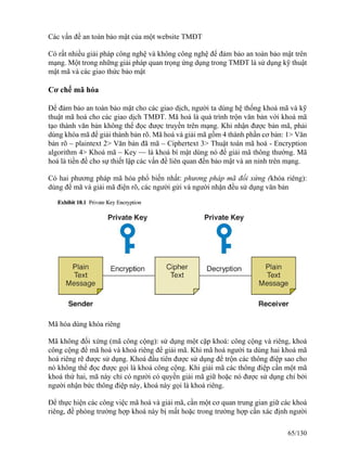 Các vấn đề an toàn bảo mật của một website TMĐT 
Có rất nhiều giải pháp công nghệ và không công nghệ để đảm bảo an toàn bảo mật trên 
mạng. Một trong những giải pháp quan trọng ứng dụng trong TMĐT là sử dụng kỹ thuật 
mật mã và các giao thức bảo mật 
Cơ chế mã hóa 
Để đảm bảo an toàn bảo mật cho các giao dịch, người ta dùng hệ thống khoá mã và kỹ 
thuật mã hoá cho các giao dịch TMĐT. Mã hoá là quá trình trộn văn bản với khoá mã 
tạo thành văn bản không thể đọc được truyền trên mạng. Khi nhận được bản mã, phải 
dùng khóa mã để giải thành bản rõ. Mã hoá và giải mã gồm 4 thành phần cơ bản: 1> Văn 
bản rõ – plaintext 2> Văn bản đã mã – Ciphertext 3> Thuật toán mã hoá - Encryption 
algorithm 4> Khoá mã – Key — là khoá bí mật dùng nó để giải mã thông thường. Mã 
hoá là tiền đề cho sự thiết lập các vấn đề liên quan đến bảo mật và an ninh trên mạng. 
Có hai phương pháp mã hóa phổ biến nhất: phương pháp mã đối xứng (khóa riêng): 
dùng để mã và giải mã điện rõ, các người gửi và người nhận đều sử dụng văn bản 
Mã hóa dùng khóa riêng 
Mã không đối xứng (mã công cộng): sử dụng một cặp khoá: công cộng và riêng, khoá 
công cộng để mã hoá và khoá riêng để giải mã. Khi mã hoá người ta dùng hai khoá mã 
hoá riêng rẽ được sử dụng. Khoá đầu tiên được sử dụng để trộn các thông điệp sao cho 
nó không thể đọc được gọi là khoá công cộng. Khi giải mã các thông điệp cần một mã 
khoá thứ hai, mã này chỉ có người có quyền giải mã giữ hoặc nó được sử dụng chỉ bởi 
người nhận bức thông điệp này, khoá này gọi là khoá riêng. 
Ðể thực hiện các công việc mã hoá và giải mã, cần một cơ quan trung gian giữ các khoá 
riêng, đề phòng trường hợp khoá này bị mất hoặc trong trường hợp cần xác định người 
65/130 
 