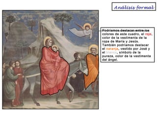 Análisis formal

Podríamos destacar entre los
colores de este cuadro, el rojo,
color de la vestimenta de la
ropa de María y Jesús.
También podríamos destacar
el naranja, vestido por José y
el blanco, símbolo de la
pureza, color de la vestimenta
del ángel.

 