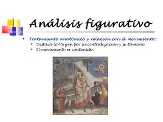 Análisis figurativo


Tratamiento anatómico y relación con el movimiento:

Destaca la Virgen por su centralización y su tamaño.

El movimiento es contenido.

 