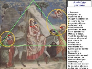 Análisis
formal
Podemos
comprobar el
equilibrio de la
imagen fijándonos en
el reparto de los
personajes (tres a
cada lado) y la
mirada de cada
personaje, en este
caso, contando a
María y a Jesús.
También podríamos
destacar el asno, el
cual le da a la
imagen una
sensación de
movimiento más
fuerte que los demás
personajes.
Respecto a la
composición general
de la imagen, se
forma un triángulo
isósceles, con
vértices en el pico de
la montaña, el grupo
de los tres jóvenes y


 