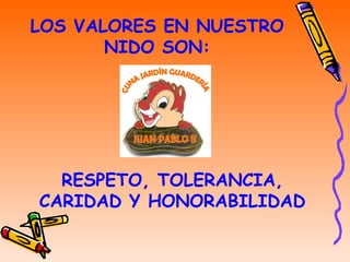 RESPETO, TOLERANCIA, CARIDAD Y HONORABILIDAD LOS VALORES EN NUESTRO NIDO SON: 